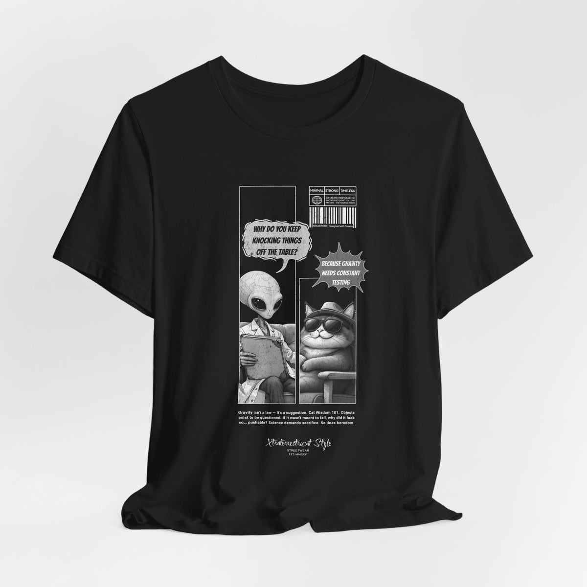 The GRAVITY t-shirt in Black — 3D mockup showing the original black shirt with white comic design. No model or background present.
