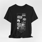 The GRAVITY t-shirt in Black — 3D mockup showing the original black shirt with white comic design. No model or background present.