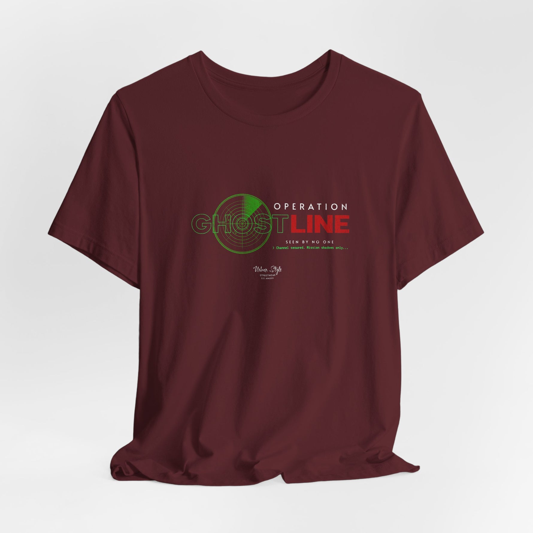 The OPERATION GHOSTLINE t-shirt in maroon — traces fade in deep-code silence.