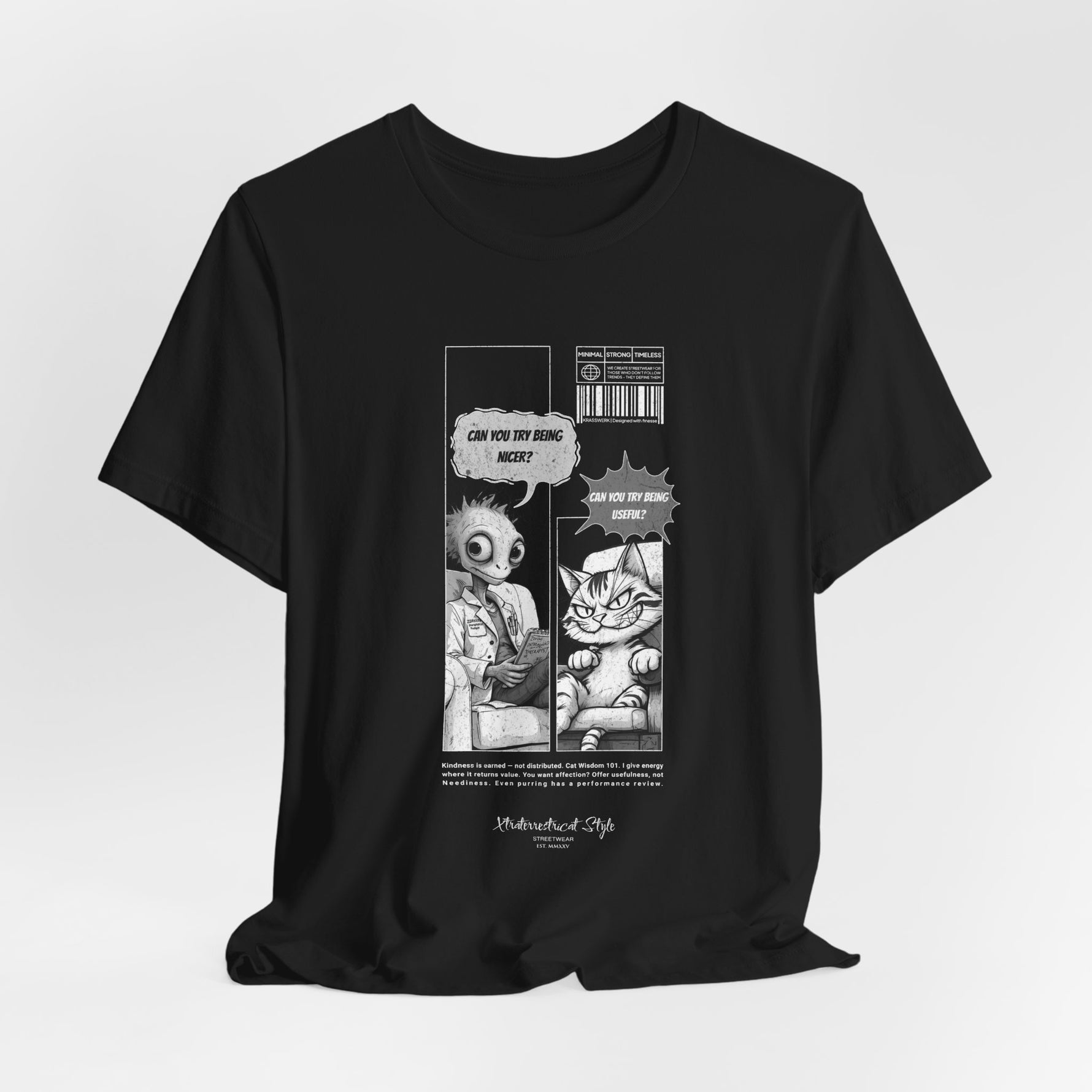 The BEING NICER t-shirt in black — sharp contrast, sharper reply.