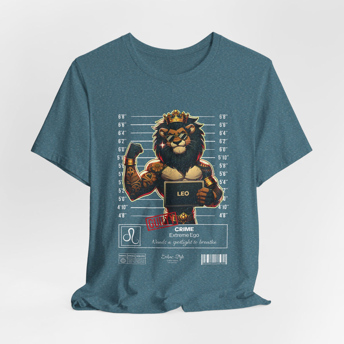 The LEO t-shirt in Heather Deep Teal – 3D mockup of a rich teal-blue shirt, perfect contrast for the mugshot art. NO BACKGROUND, NO MODEL.