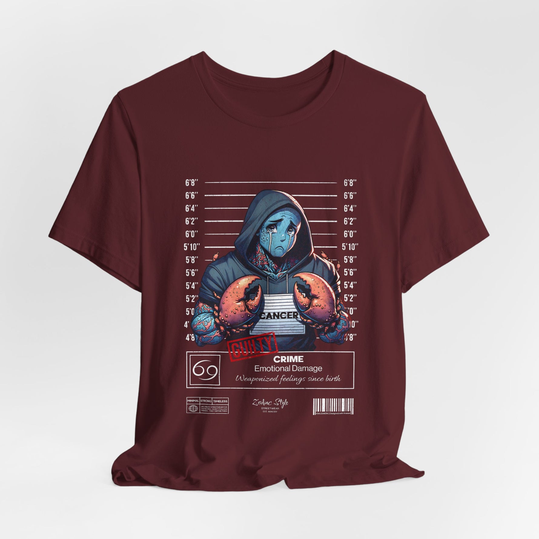 The CANCER t-shirt in Maroon — 3D mockup of a rich burgundy-colored shirt. No background, no model.