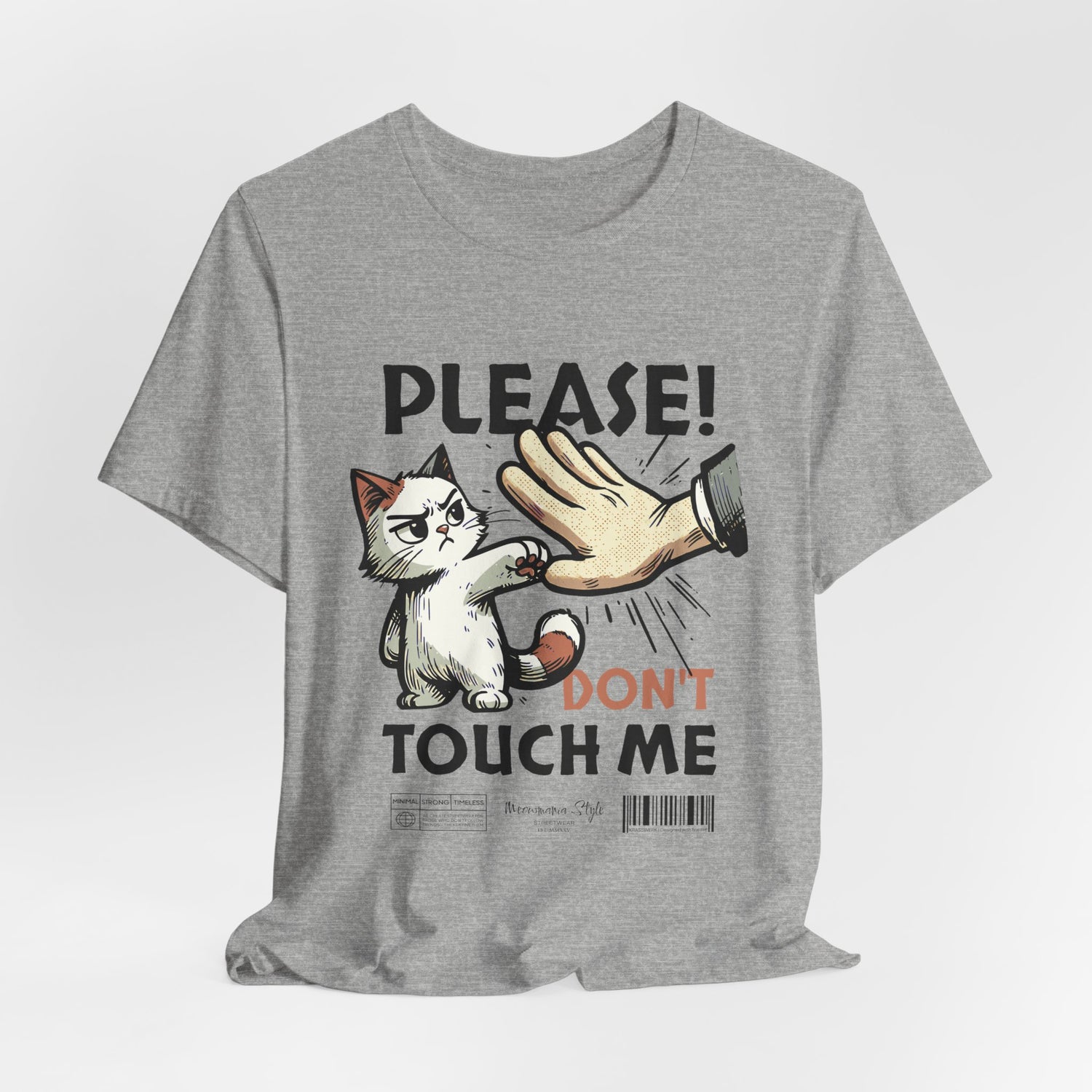 The PLEASE! DON’T TOUCH ME t-shirt in Athletic Heather — soft sarcasm layered in comfort.