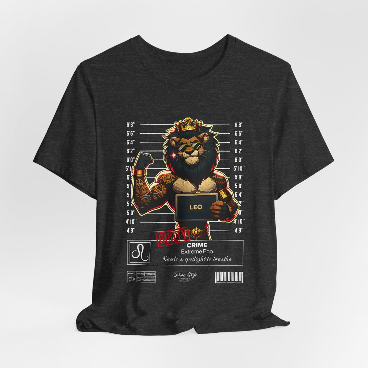 The LEO t-shirt in Dark Heather Grey – 3D mockup of a charcoal-grey shirt with a subtle texture, design clearly visible. NO BACKGROUND, NO MODEL.