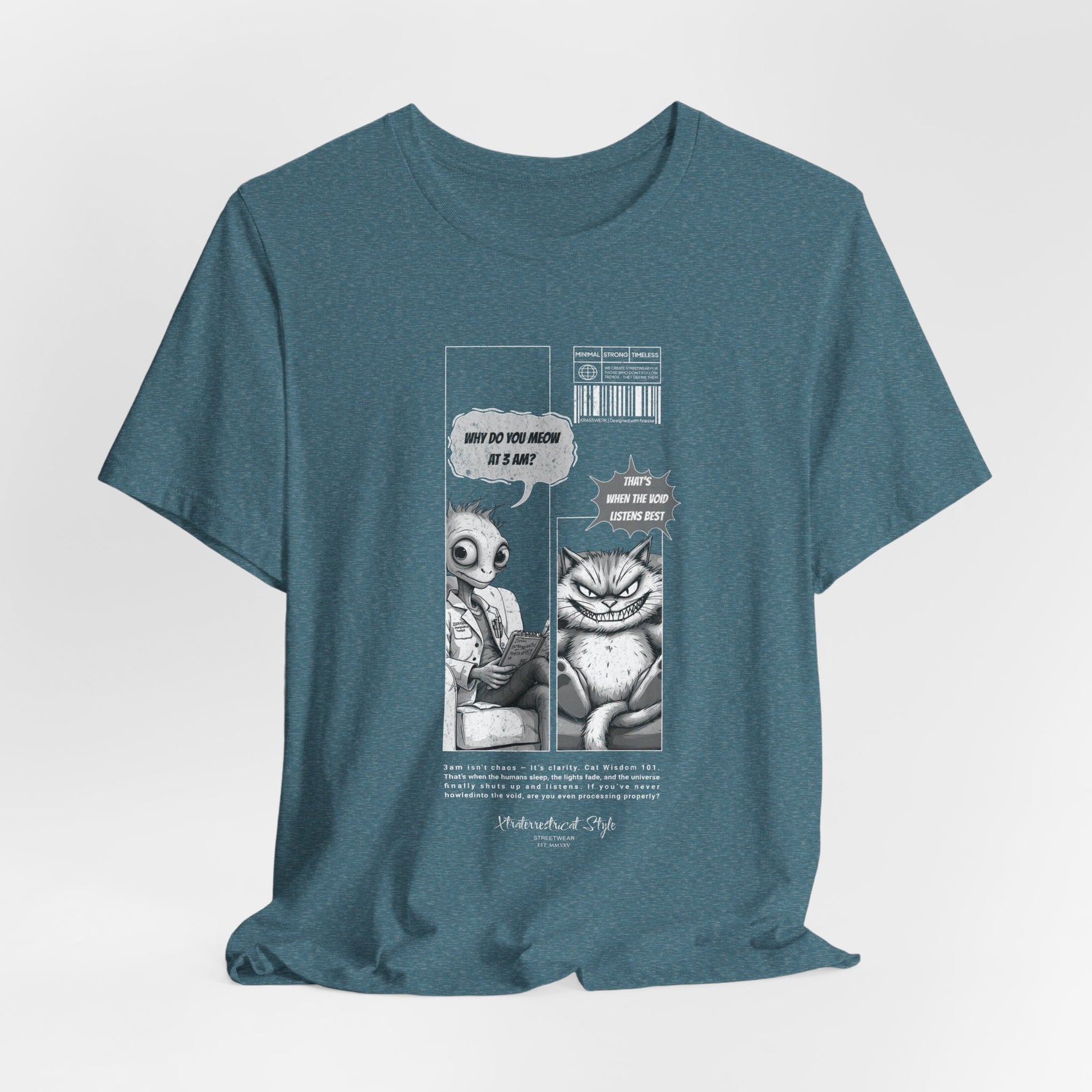 The MEOW 3AM t-shirt in Heather Deep Teal — 3D mockup featuring a deep bluish-green shirt, no model or background.