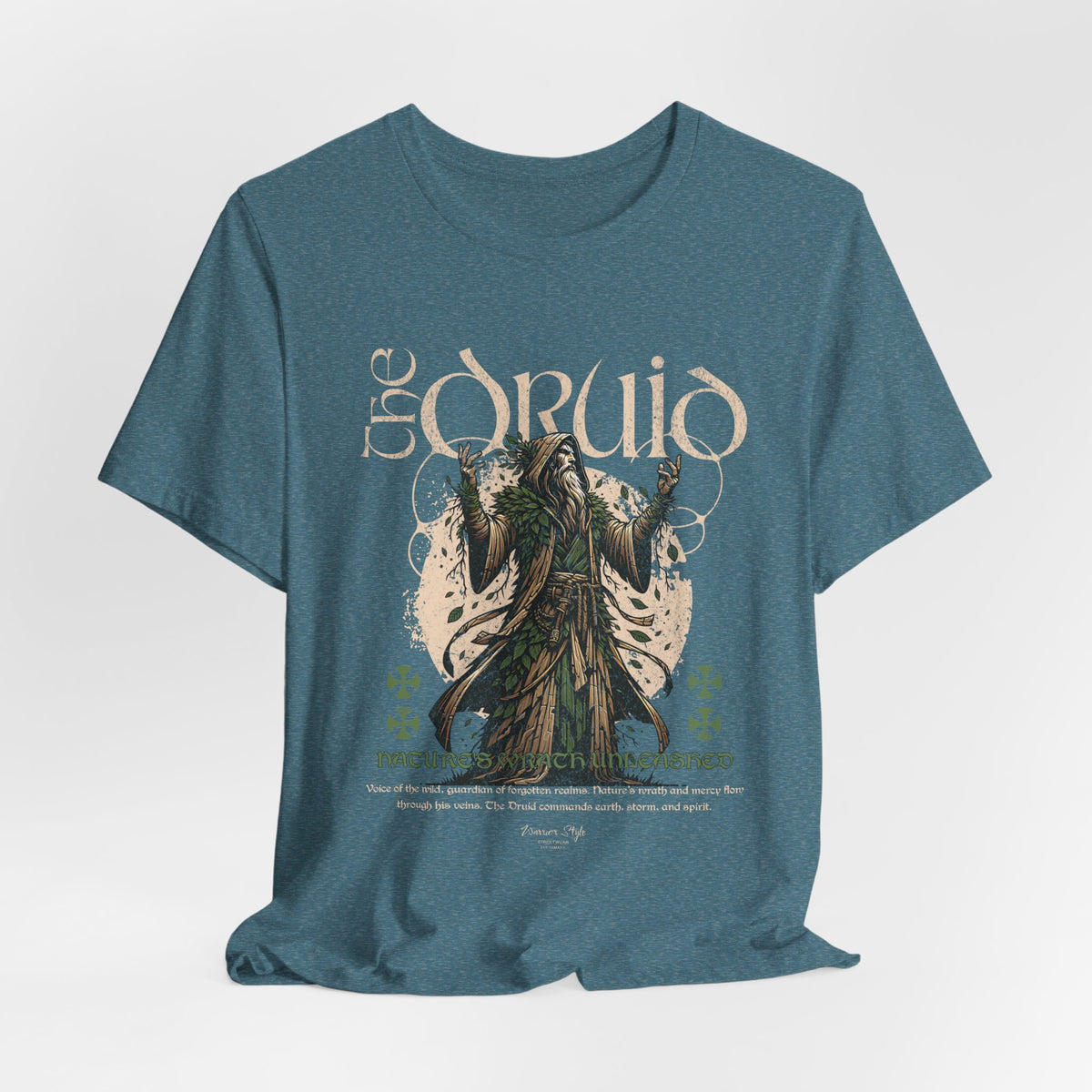 The DRUID t-shirt in Heather Deep Teal — where forest and magic meet at twilight.