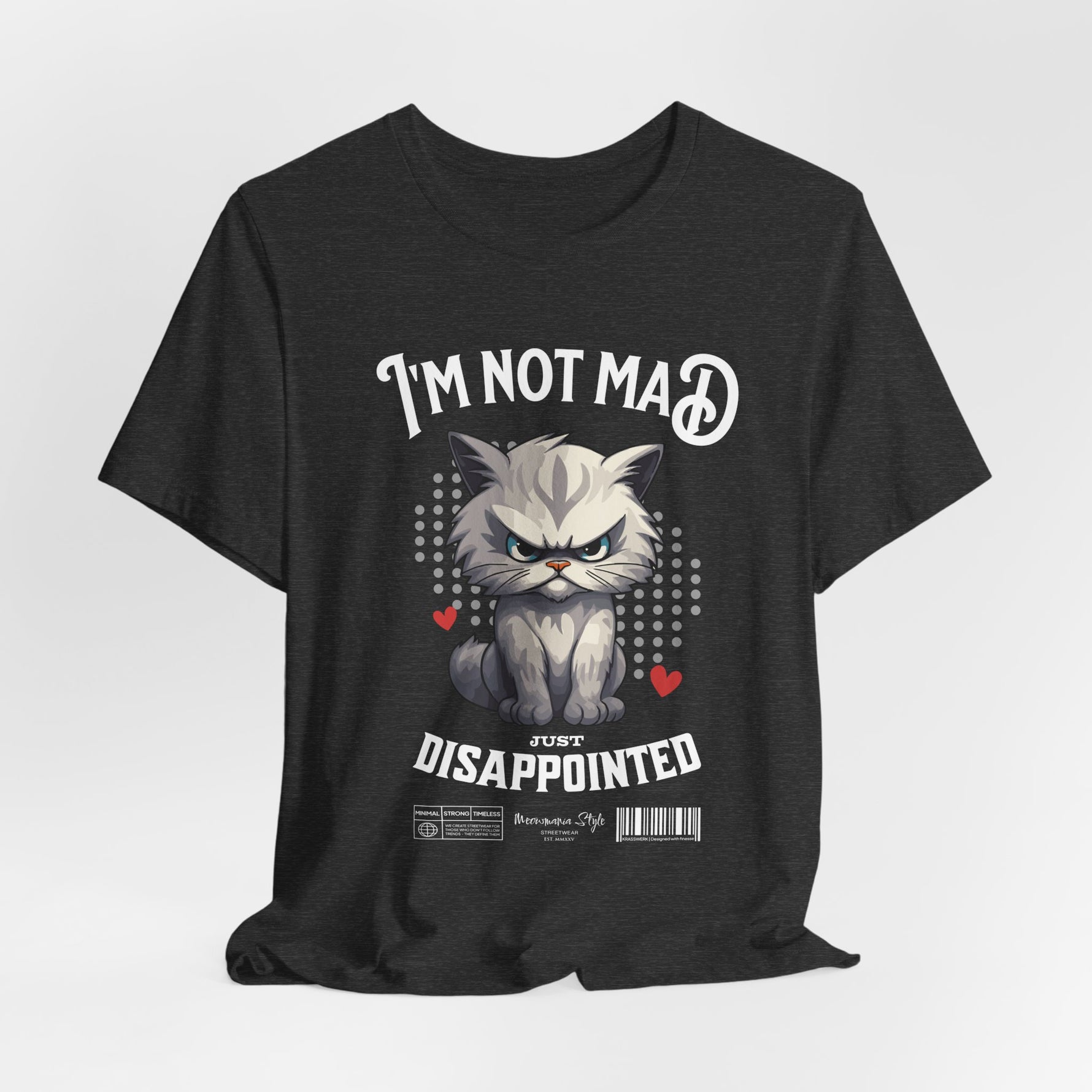 The NOT MAD t-shirt in Dark Heather Grey — 3D mockup of a charcoal grey shirt; clean front view only.