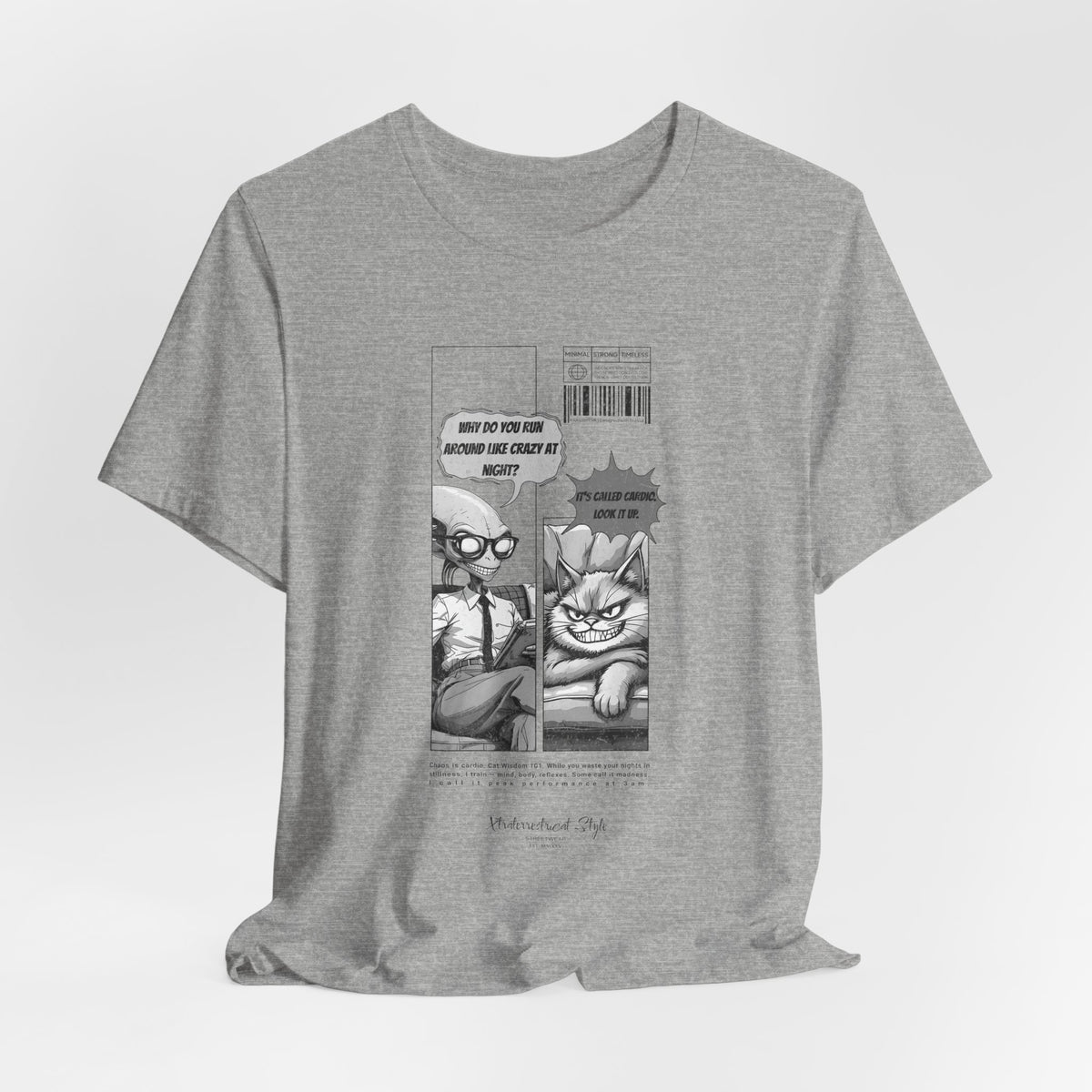 The CARDIO t-shirt in Athletic Heather — Heathered grey 3D version with design print. Simple background. No model shown.