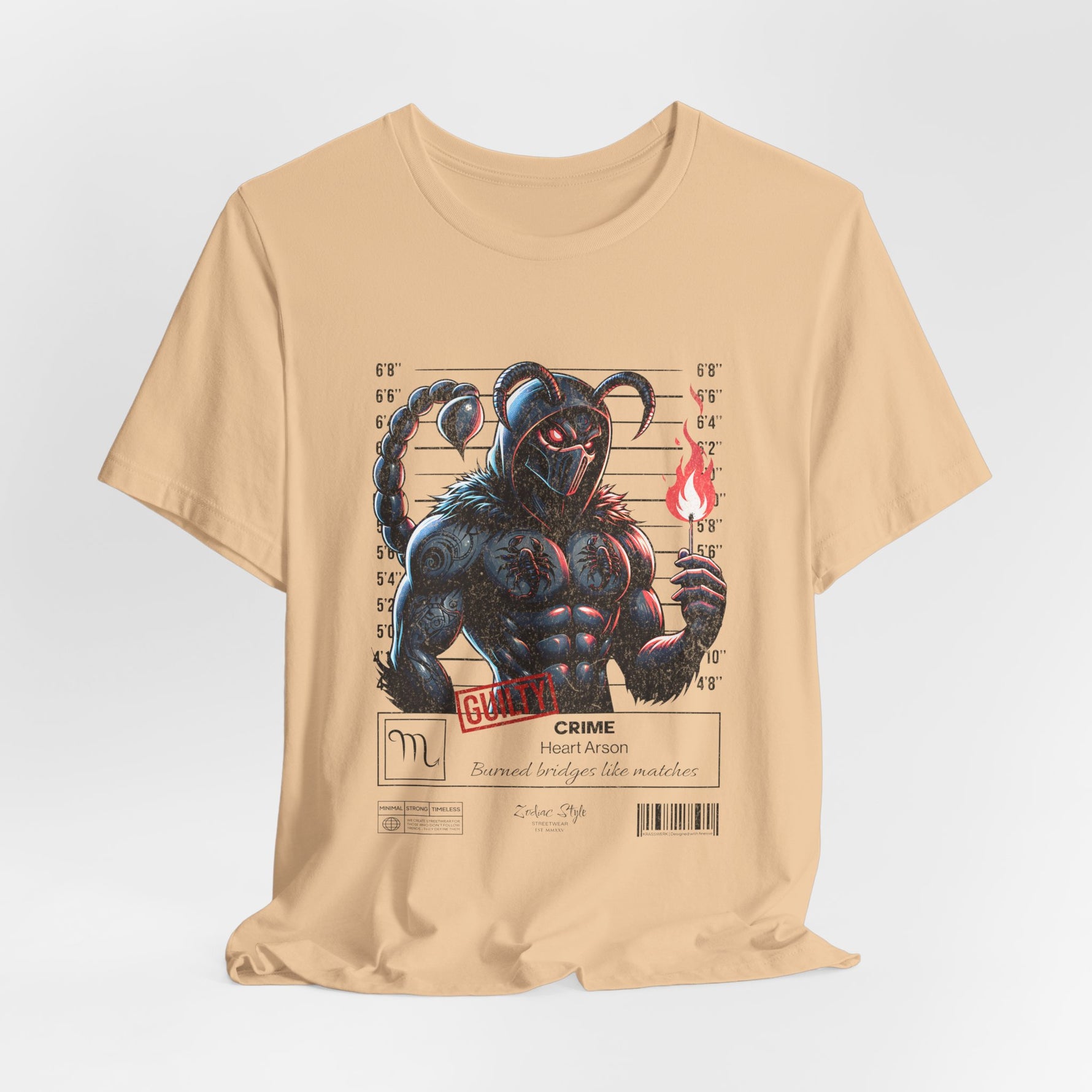 The SCORPIO t-shirt in Sand Dune — 3D mockup showing shirt color Sand Dune. No background. No model.