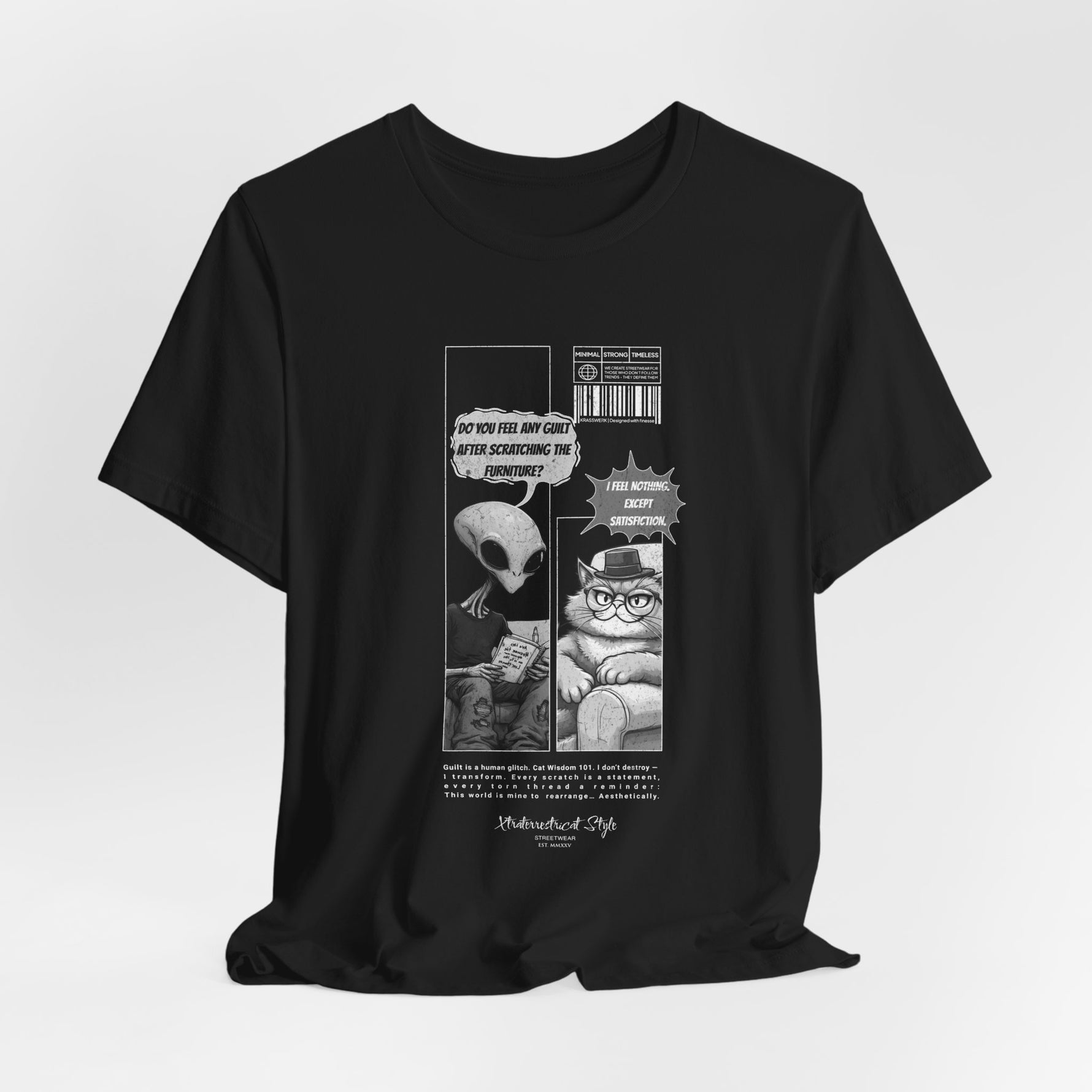 The Satisfiction t-shirt in black — 3D mockup with deep black fabric. No background or model.