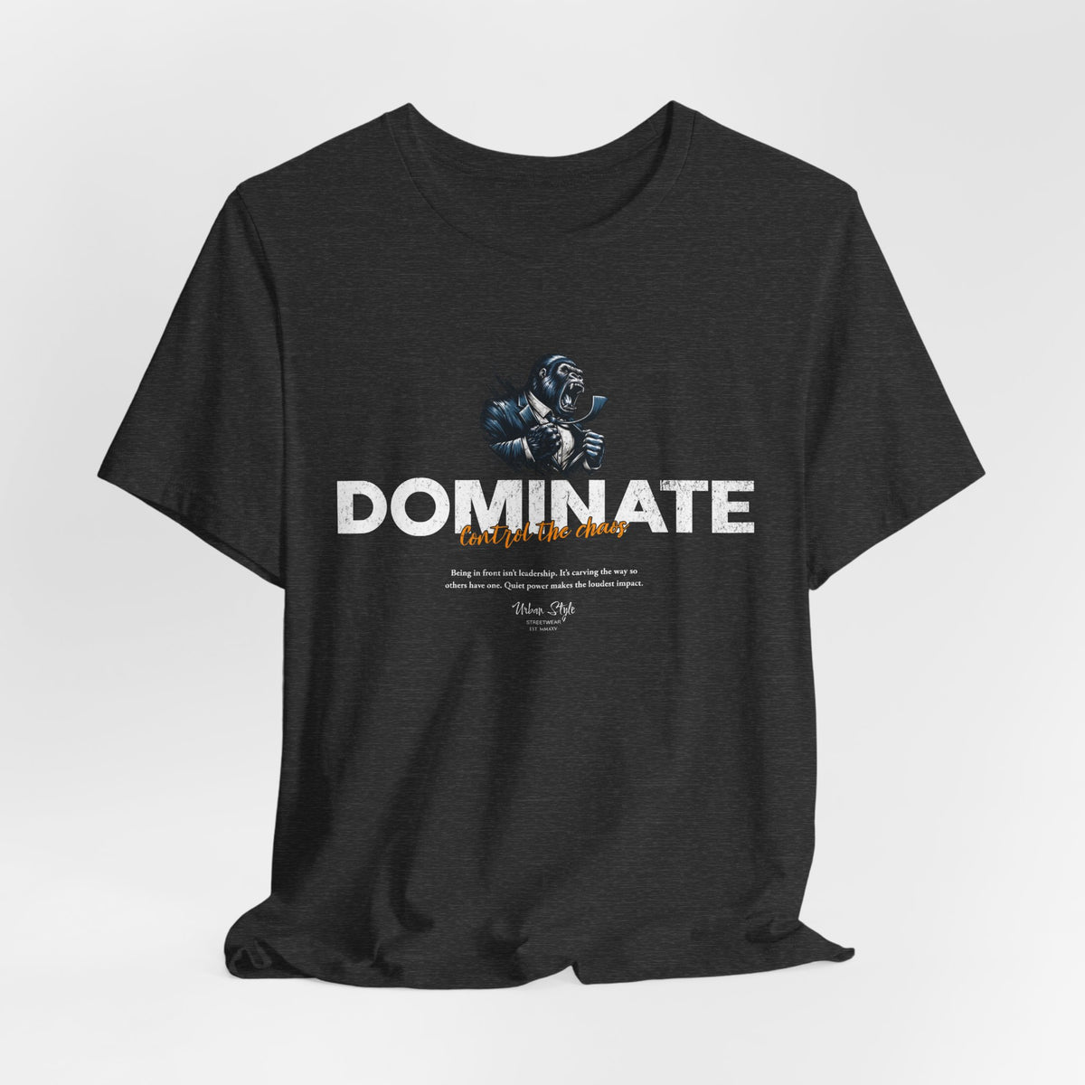 DOMINATE t-shirt in Dark Heather Grey — Quiet control, carved from shadow.