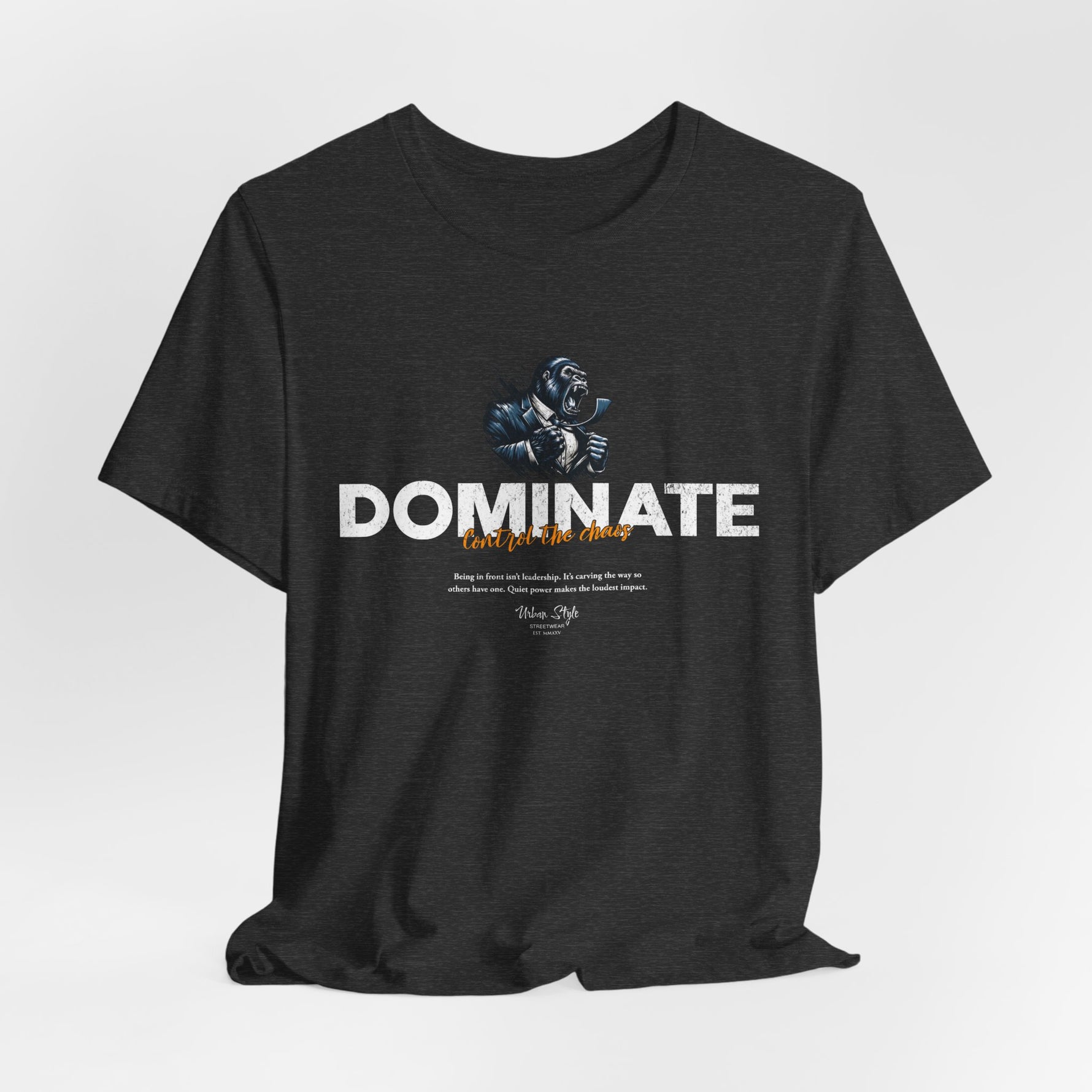DOMINATE t-shirt in Dark Heather Grey — Quiet control, carved from shadow.