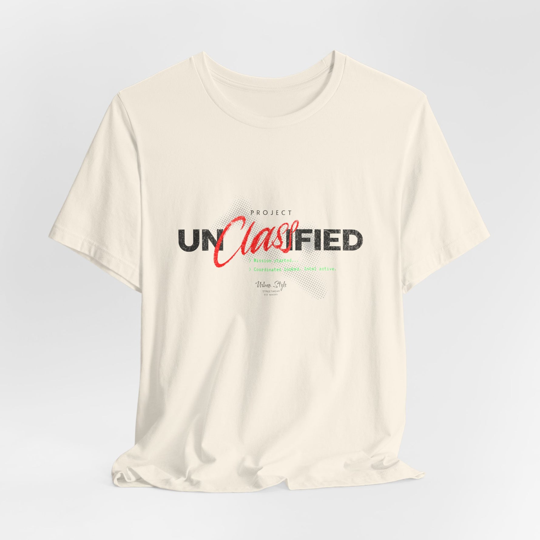 The PROJECT UNCLASSIFIED t-shirt in natural — 3D mockup of shirt in natural off-white tone, no background, no model.