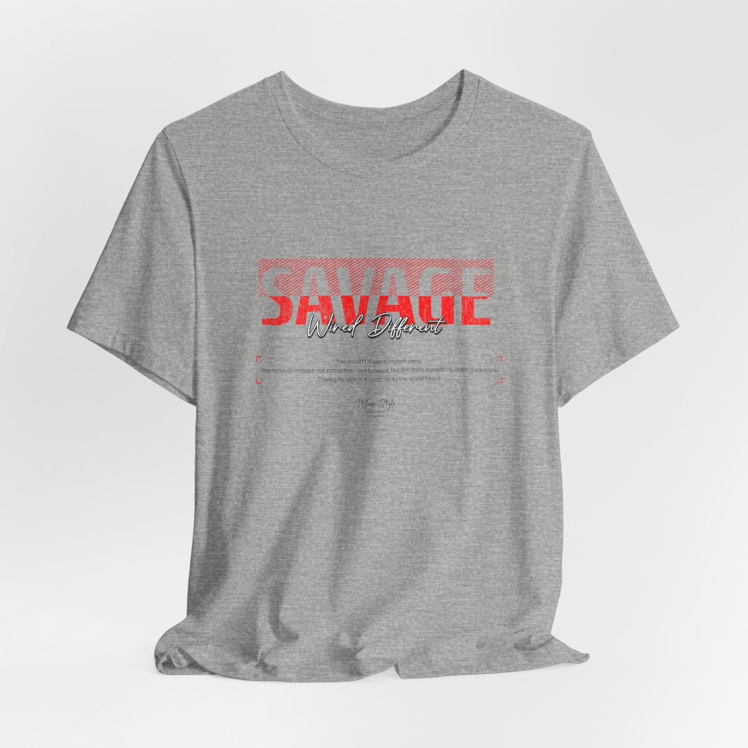 The SAVAGE t-shirt in Athletic Heather — grey matter, raw code.