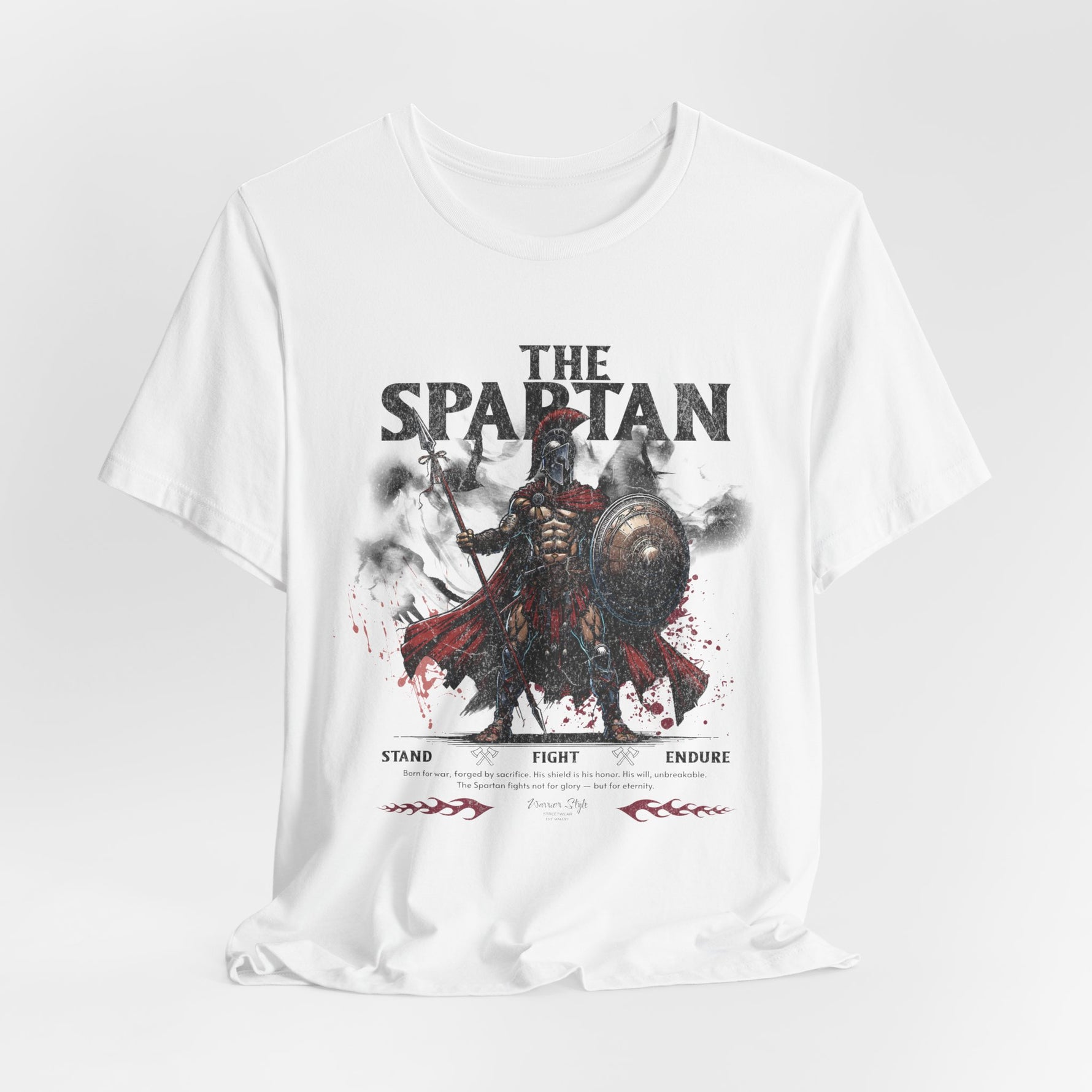 The SPARTAN t-shirt in White — clean, defiant contrast, as if daring fate itself.