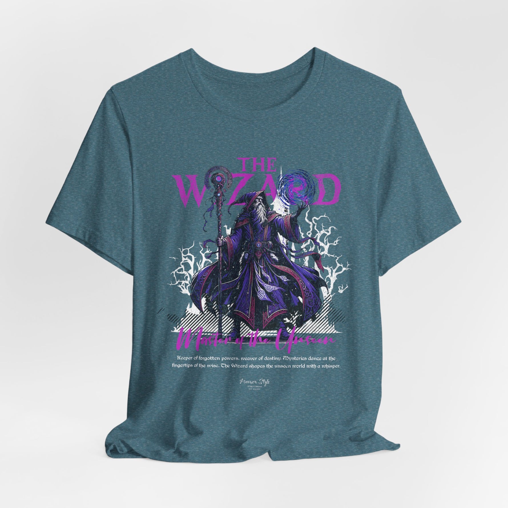 The Wizard t-shirt in Heather Deep Teal — Mystical calm wrapped in ocean storm.