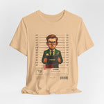 The VIRGO t-shirt in sanddune — 3D mockup of the design on a warm sand dune-colored shirt. No background, no model.
