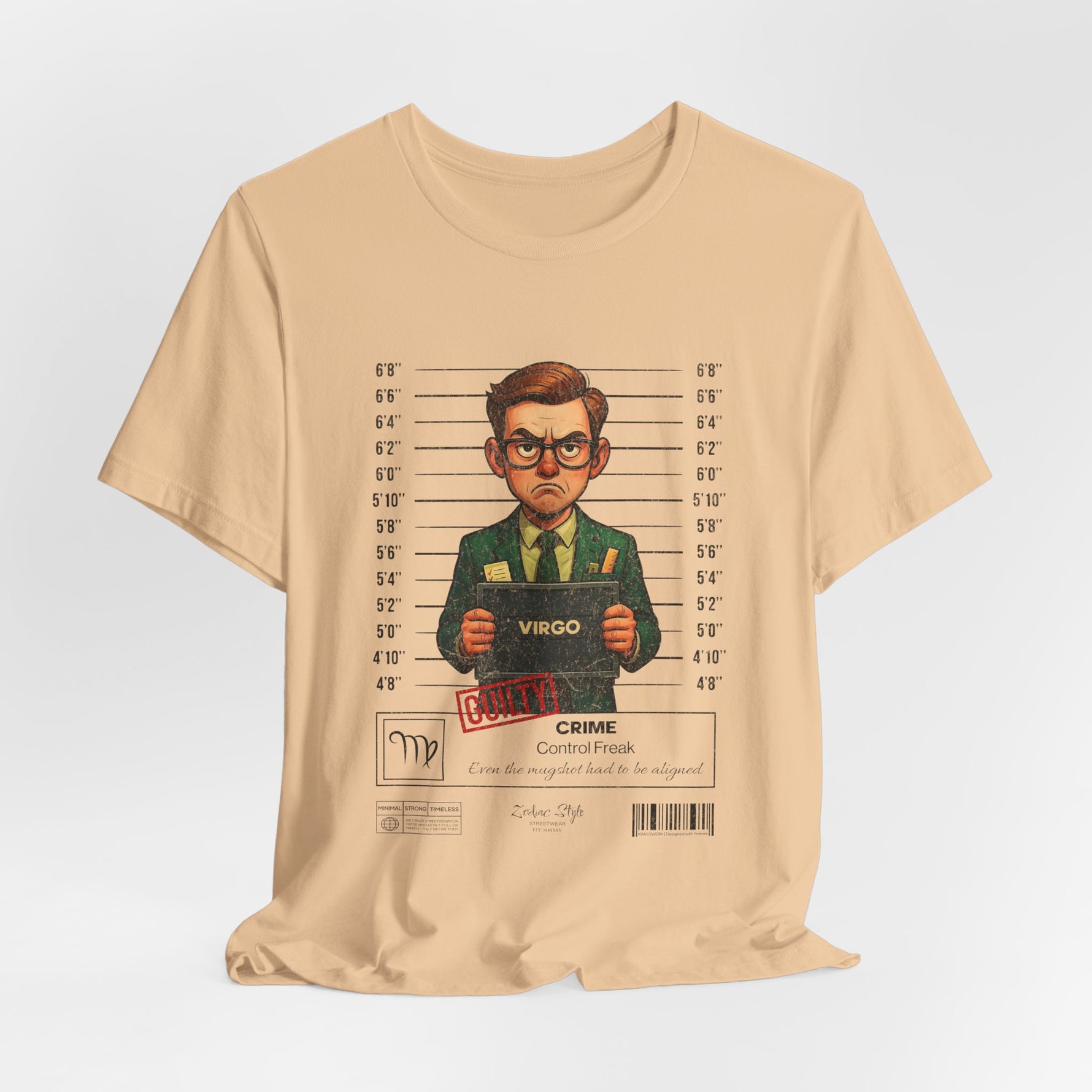 The VIRGO t-shirt in sanddune — 3D mockup of the design on a warm sand dune-colored shirt. No background, no model.