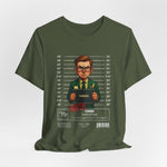 The VIRGO t-shirt in militarygreen — 3D mockup of the design on a muted military green shirt. No background, no model.