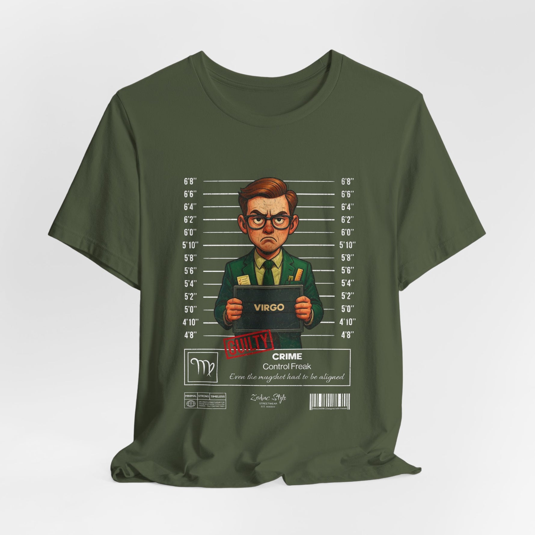 The VIRGO t-shirt in militarygreen — 3D mockup of the design on a muted military green shirt. No background, no model.
