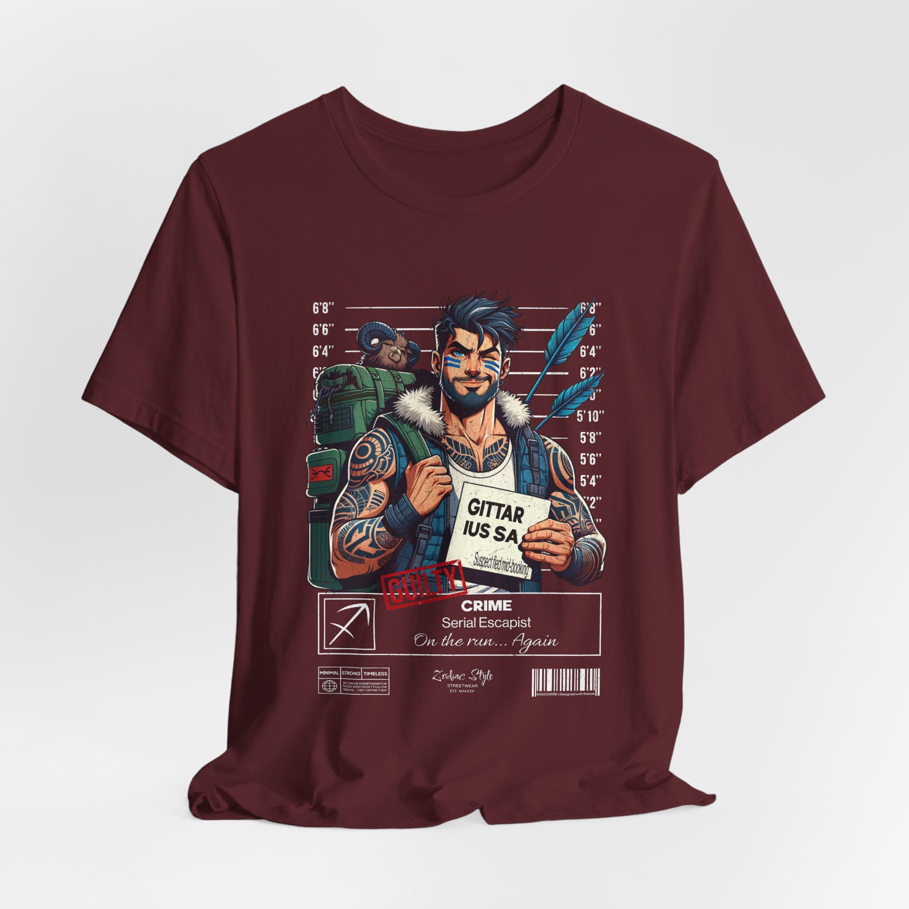The SAGITTARIUS t-shirt in Maroon — deep burgundy shade evoking quiet determination. 3D mockup on white background. No model included.