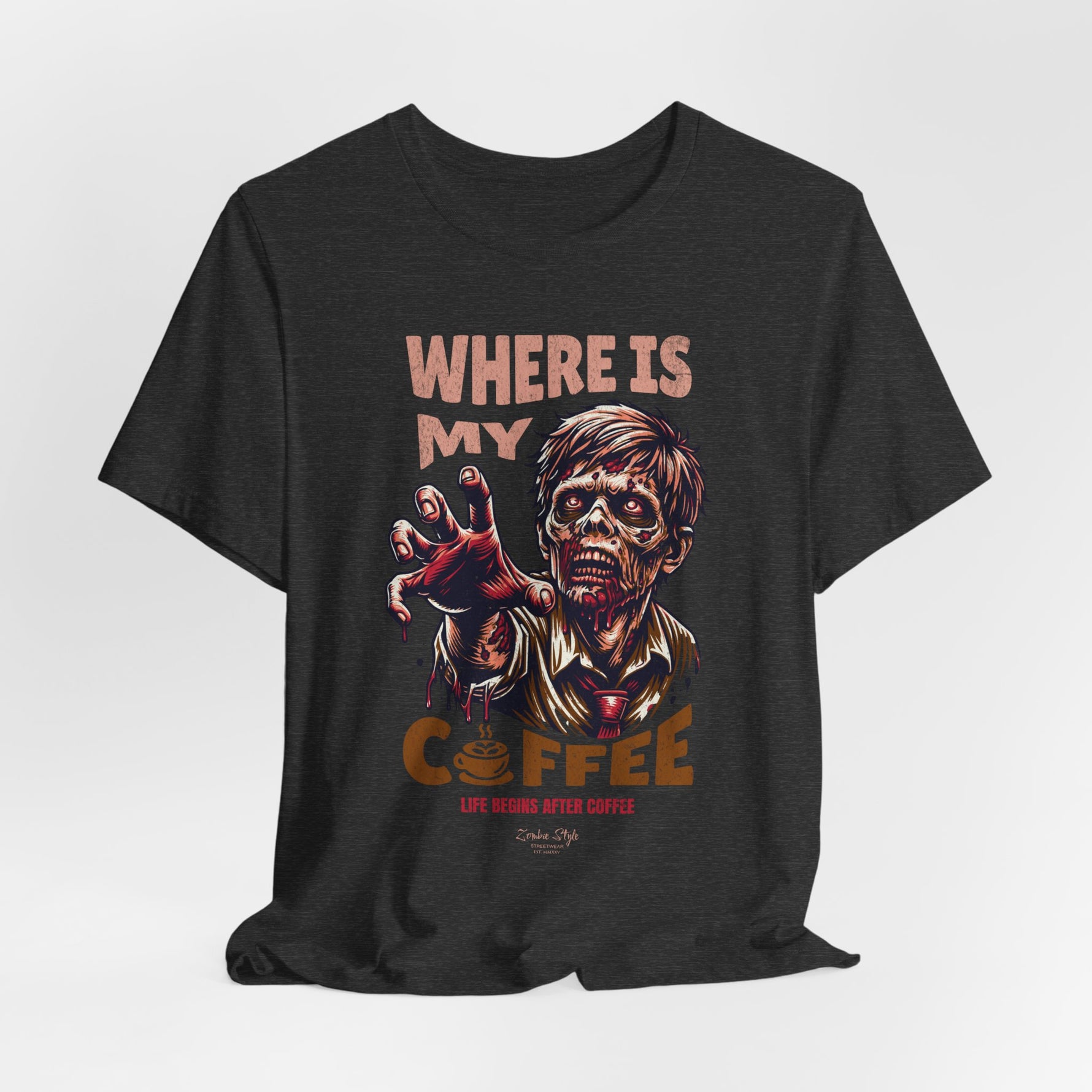 Color swatch – Dark Heather Grey – dead inside, dressed outside. Caffeine or nothing.