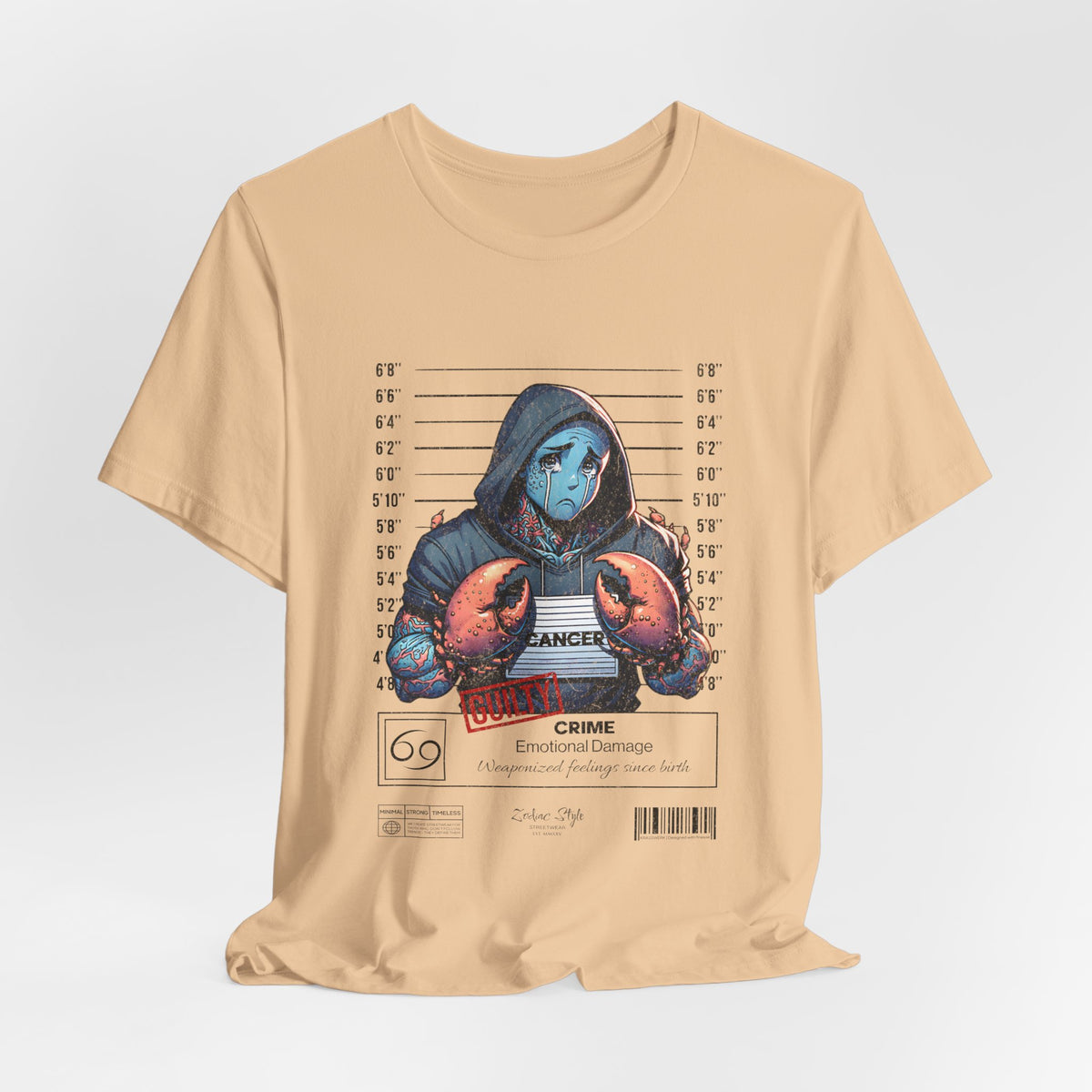 The CANCER t-shirt in Sand Dune — 3D mockup of a soft beige shirt resembling light sand. No background, no model.