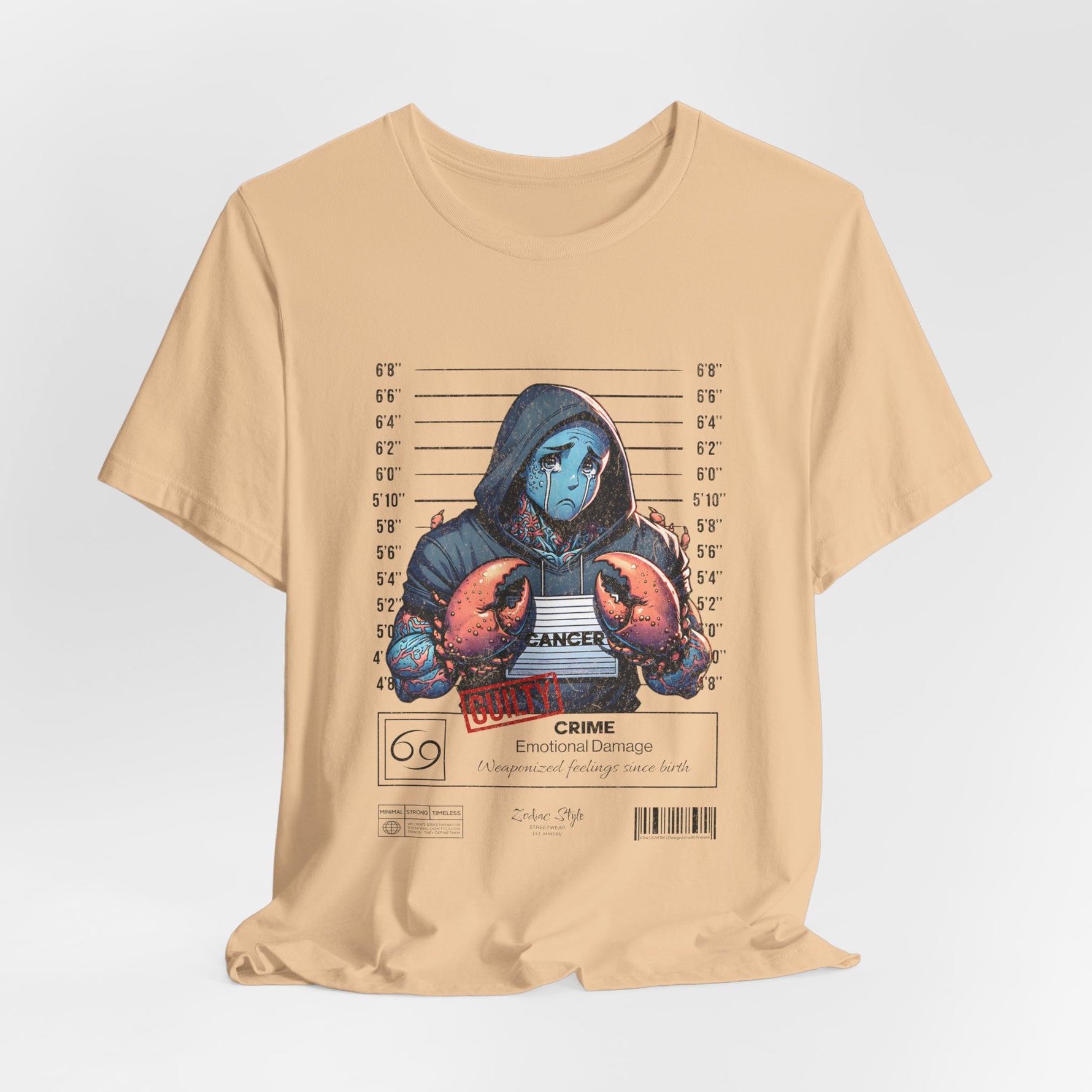 The CANCER t-shirt in Sand Dune — 3D mockup of a soft beige shirt resembling light sand. No background, no model.