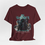 The Warlock t-shirt in Maroon — Eldritch secrets pulsing beneath scarlet dusk.