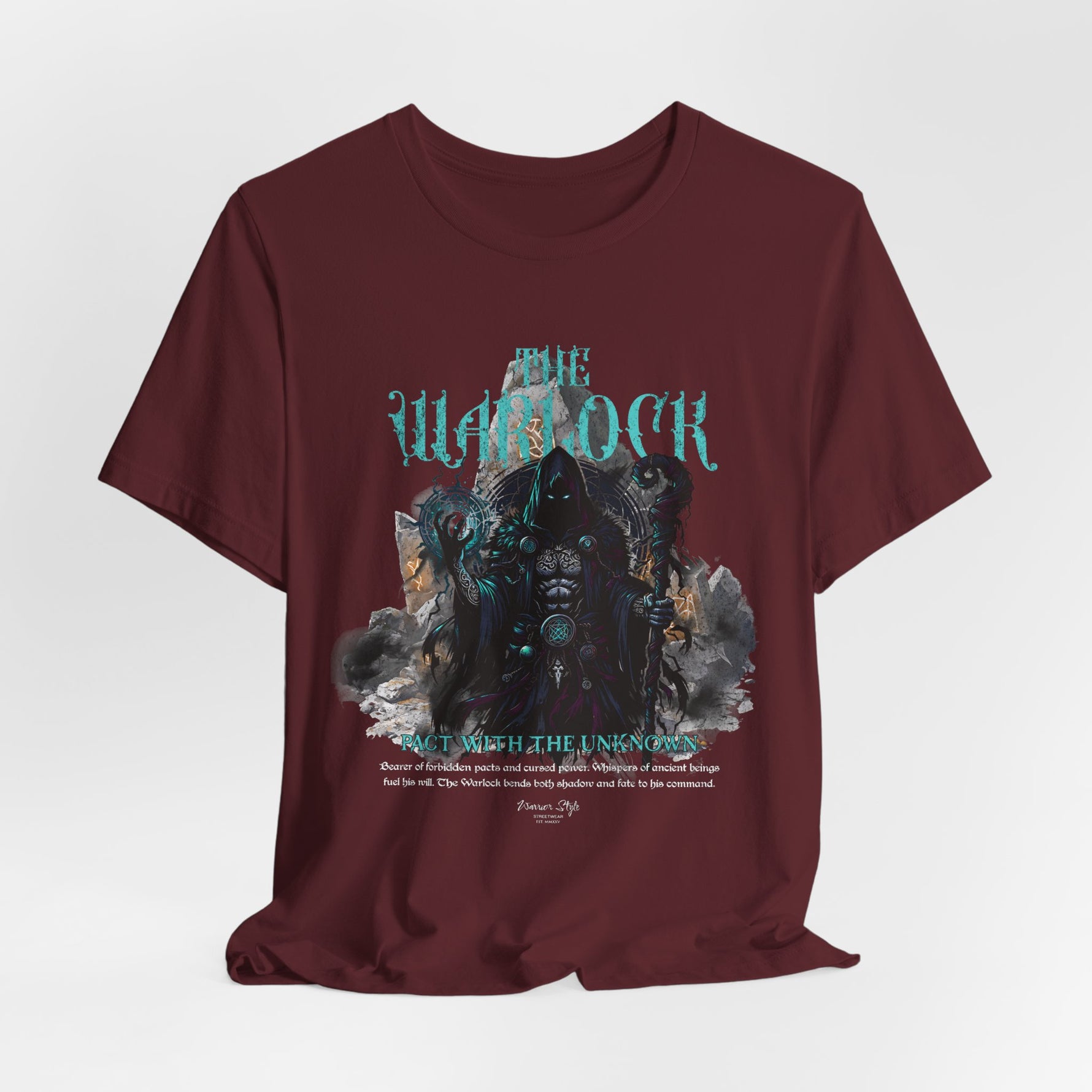 The Warlock t-shirt in Maroon — Eldritch secrets pulsing beneath scarlet dusk.