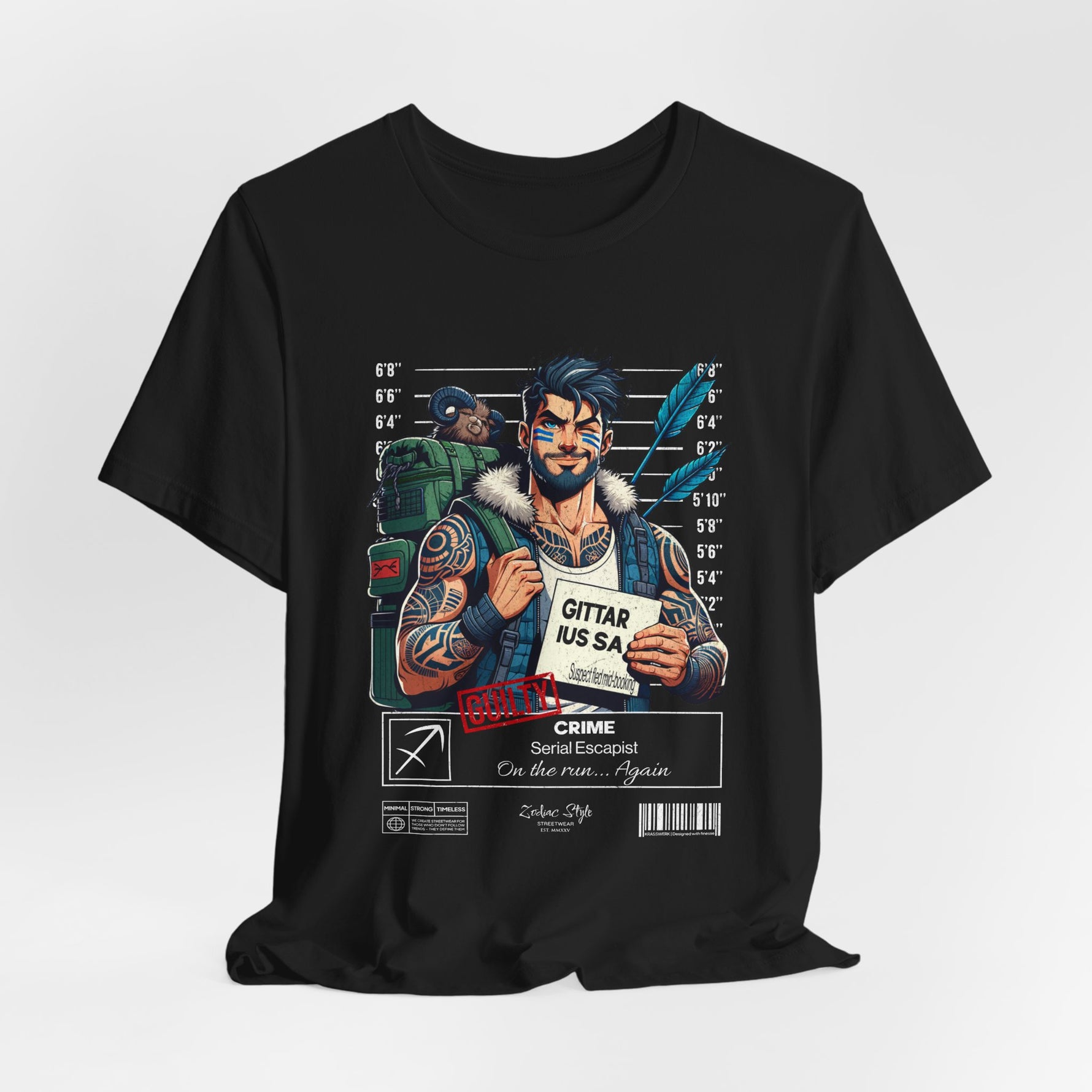 The SAGITTARIUS t-shirt in Black — deep black for stealth, control, and shadow movement. 3D mockup on white background. No model included.