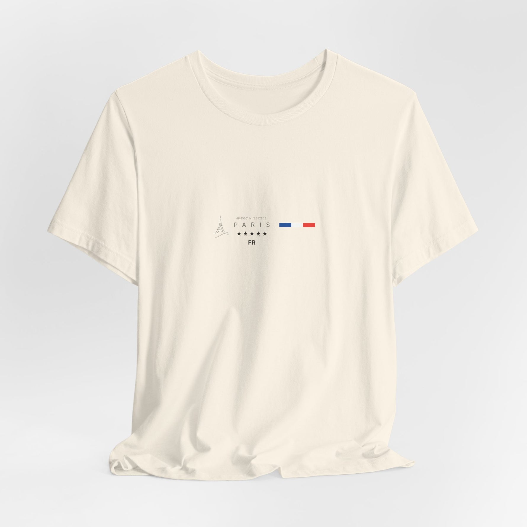 The PARIS t-shirt in Natural — 3D mockup, soft off-white tone, no background, no model.