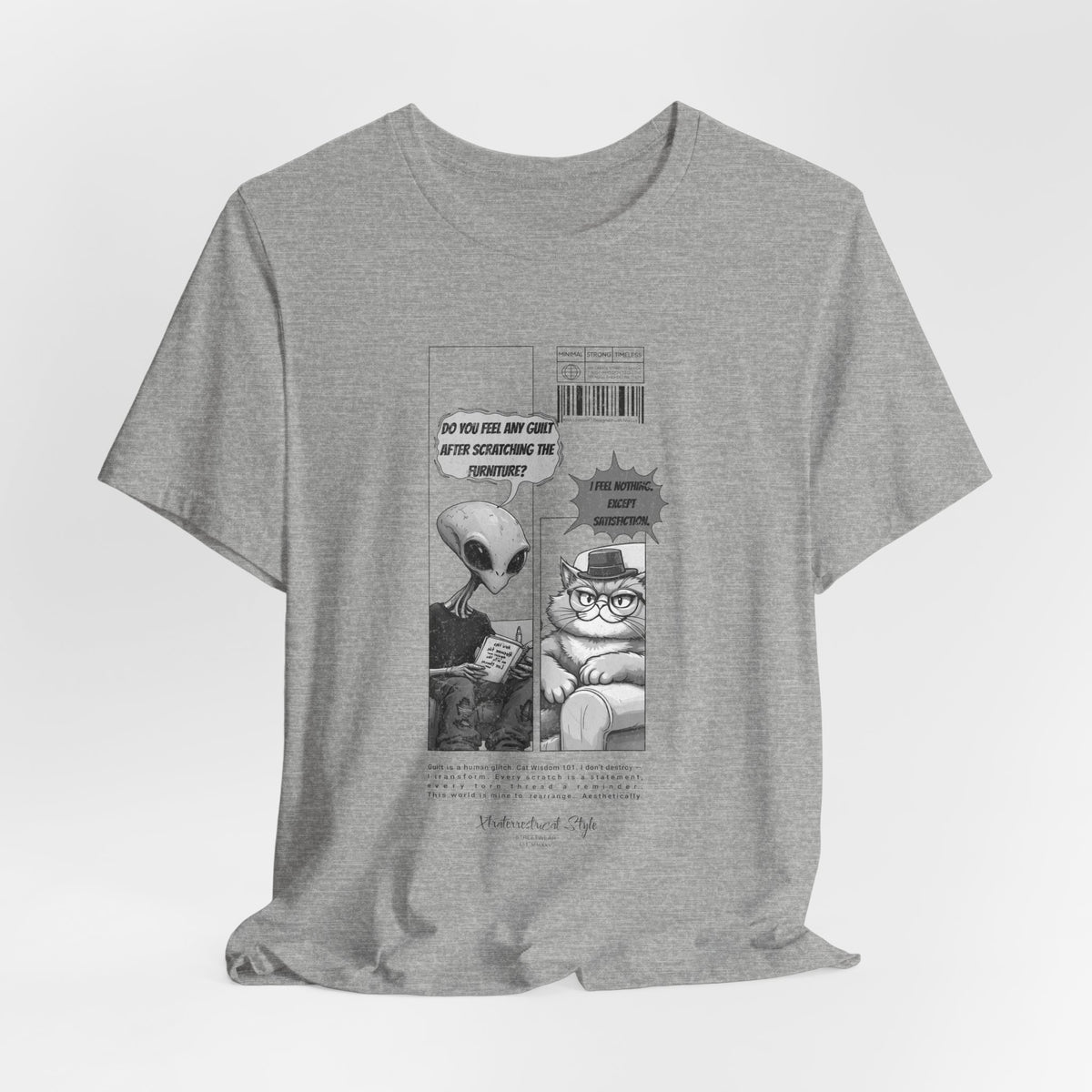 The Satisfiction t-shirt in athletic heather — 3D mockup showing a light grey marled texture. No background or model.