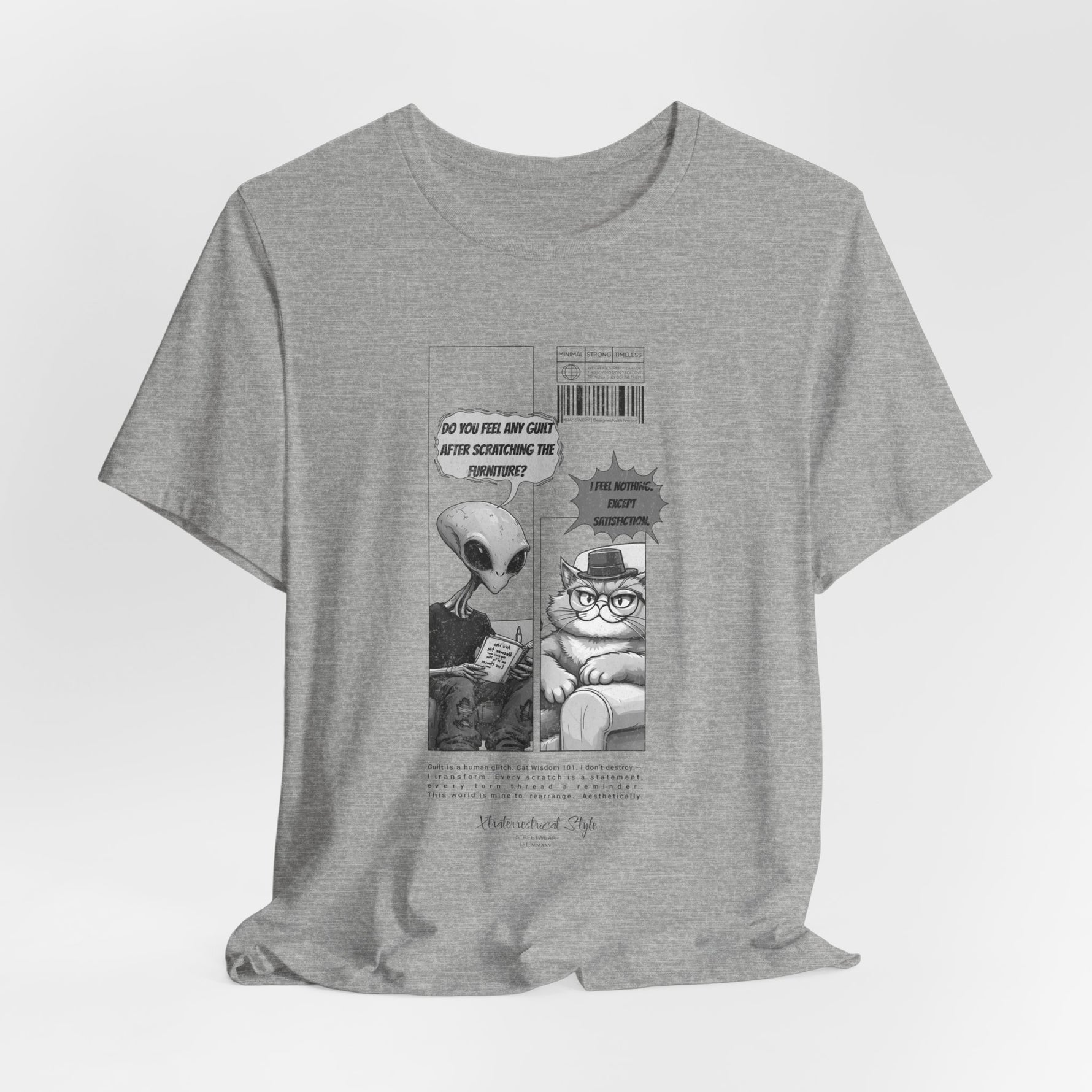 The Satisfiction t-shirt in athletic heather — 3D mockup showing a light grey marled texture. No background or model.