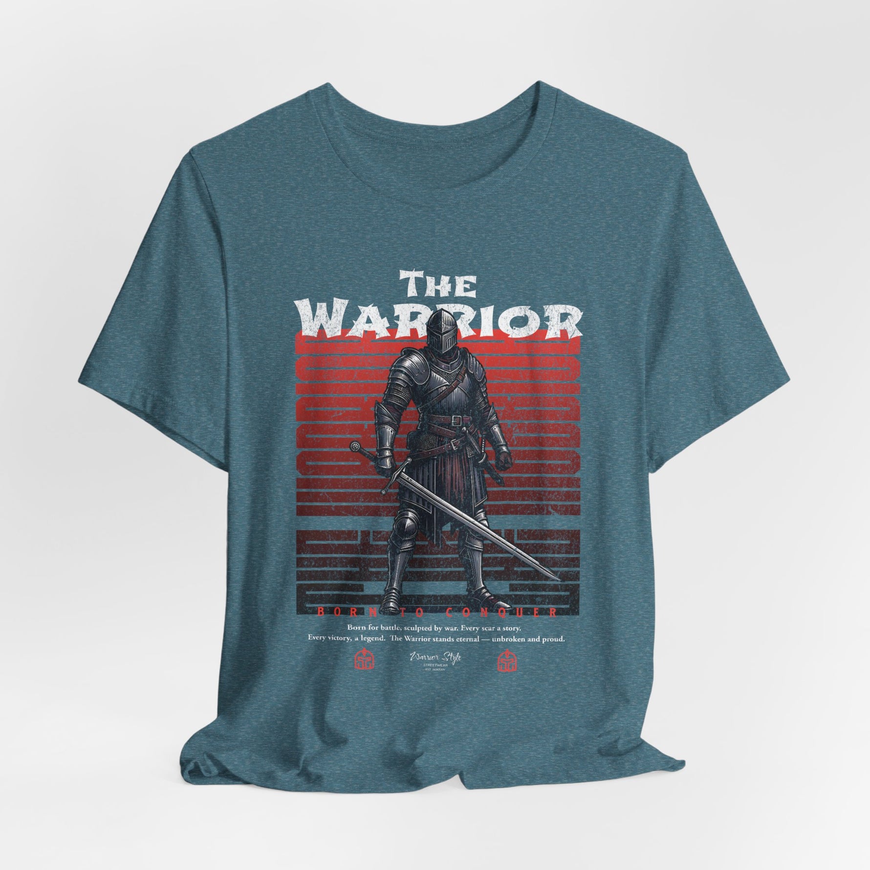 The Warrior t-shirt in Heather Deep Teal — calm mind, controlled power.