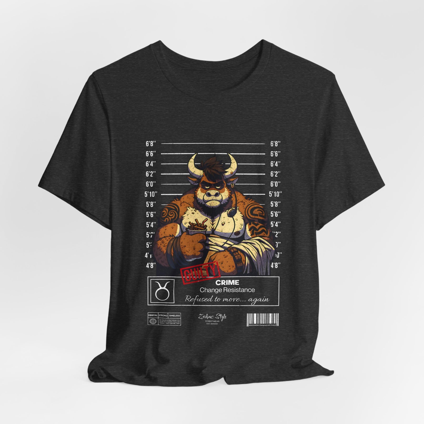 The TAURUS t-shirt in Dark Heather Grey — Steel-minded stillness in neutral tones.