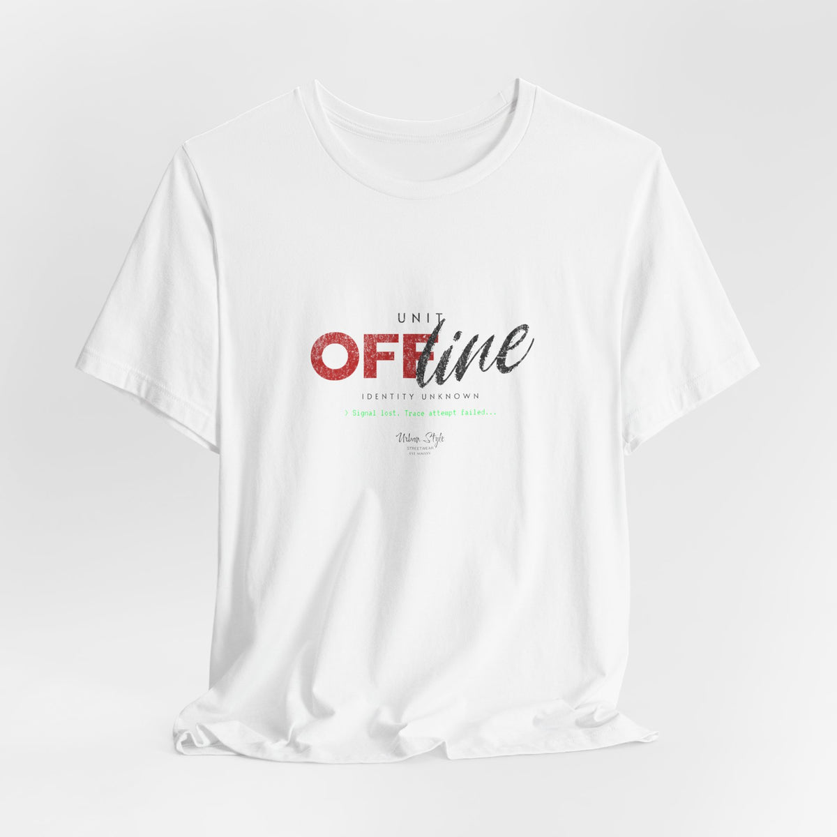 The UNIT OFFLINE t-shirt in white — a blank file where an identity once existed.