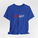 The UNIT OFFLINE t-shirt in true royal — like encrypted data lost in the blue void.