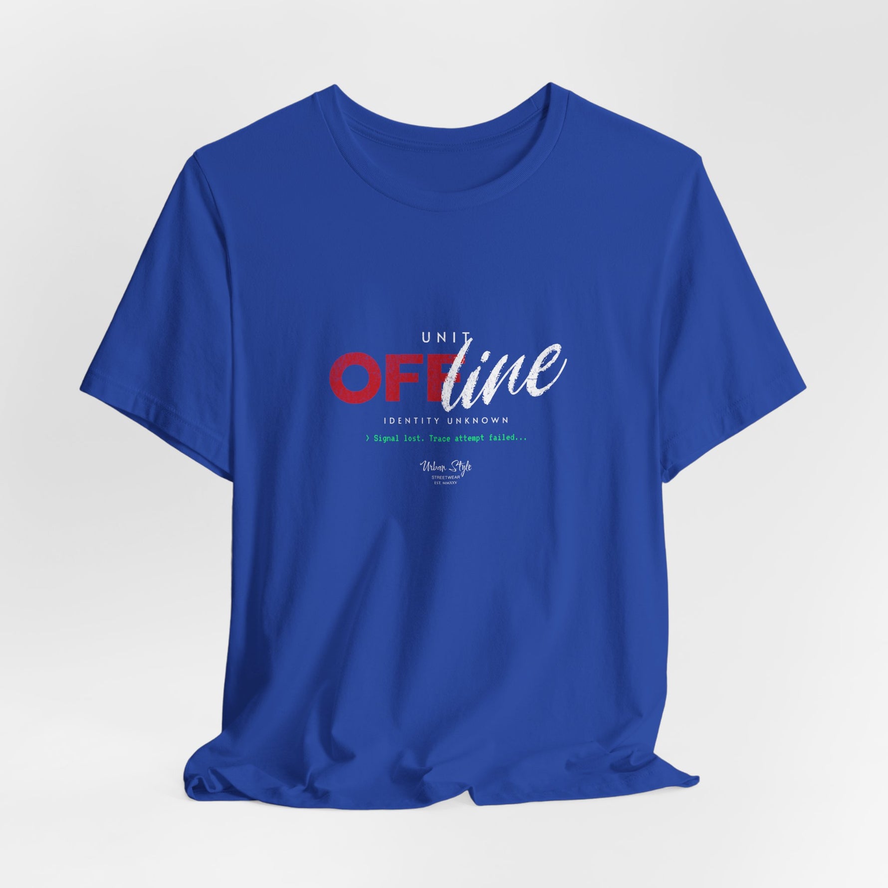 The UNIT OFFLINE t-shirt in true royal — like encrypted data lost in the blue void.