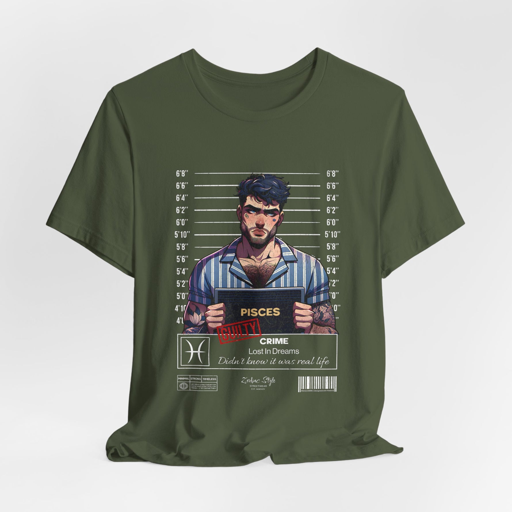 The PISCES t-shirt in Military Green — grounded but always somewhere else.