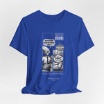 The CARDIO t-shirt in True Royal — 3D mockup in vivid blue tone. Comic print clearly visible. No background or human figure.