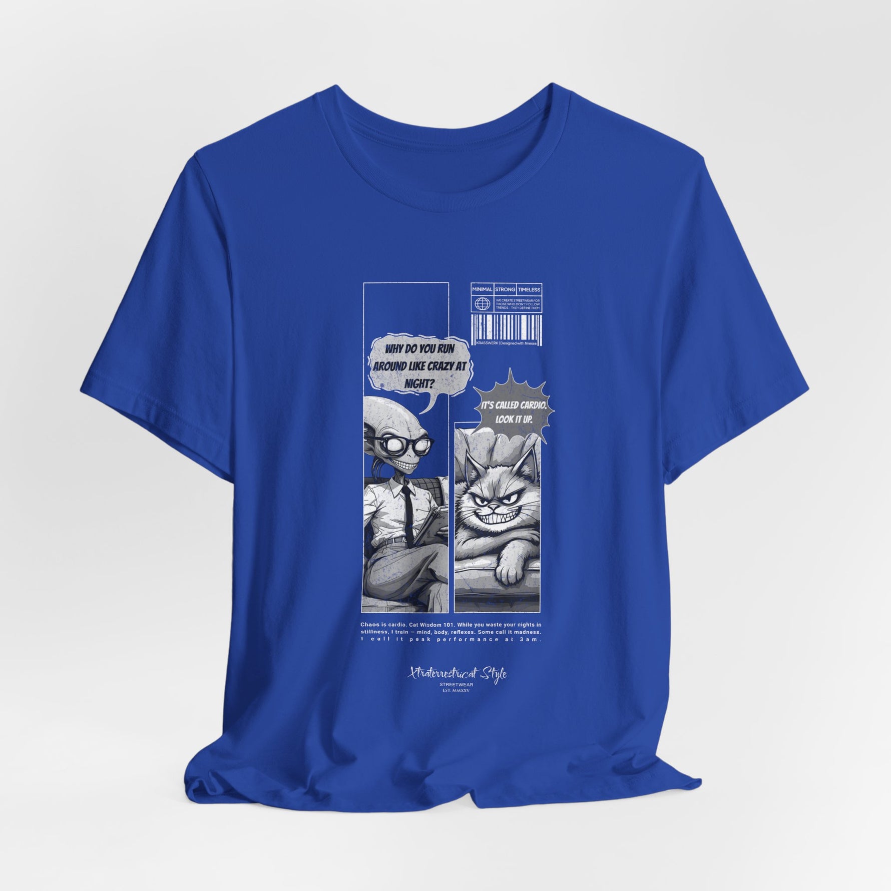 The CARDIO t-shirt in True Royal — 3D mockup in vivid blue tone. Comic print clearly visible. No background or human figure.
