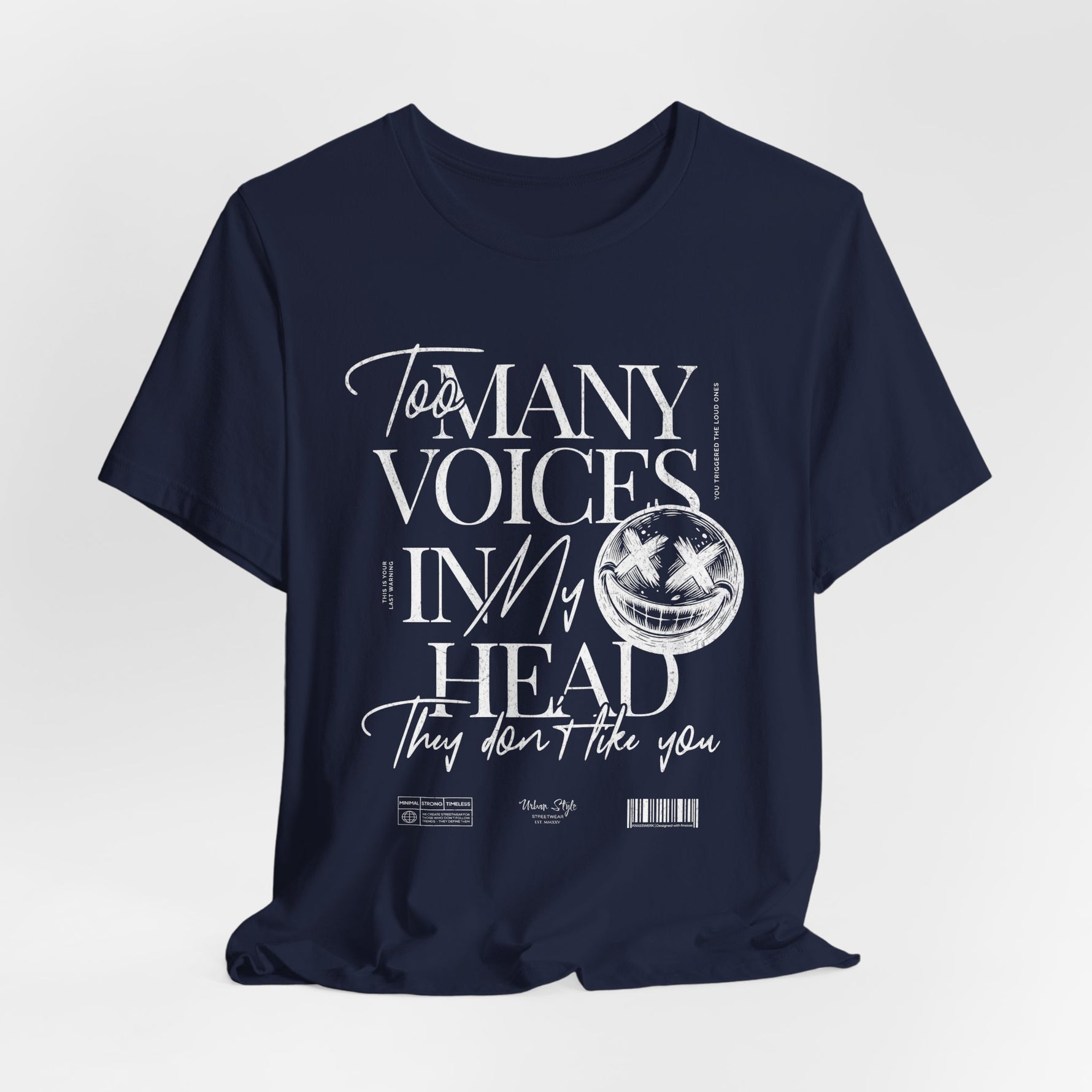 The MANY VOICES t-shirt in Navy — Still on the outside, storming inside.