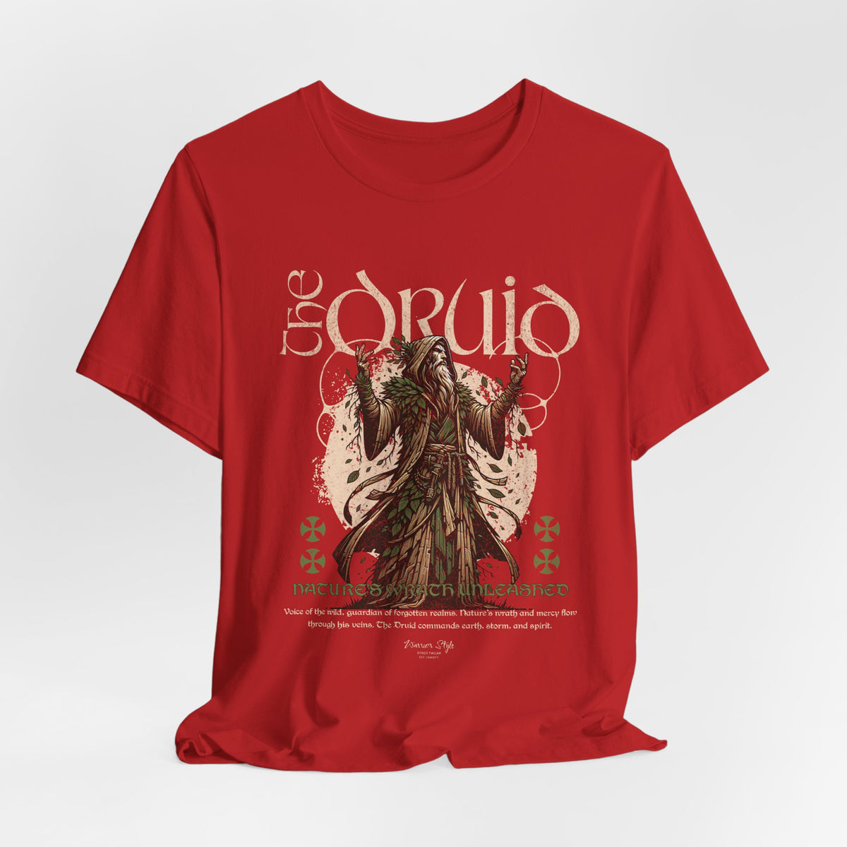 The DRUID t-shirt in Red — the heartbeat of nature in defiant bloom.