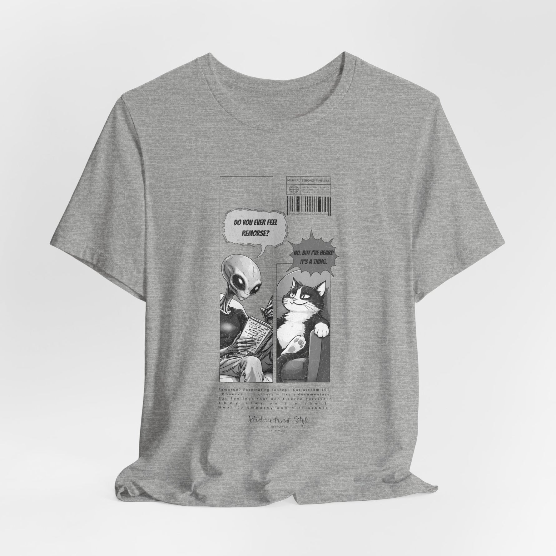 The FEEL REMORSE? t-shirt in athletic heather — 3D mockup, light grey heathered texture, no background, no model.