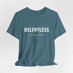 The RELENTLESS t-shirt in Heather Deep Teal — motion carved in cold clarity.
