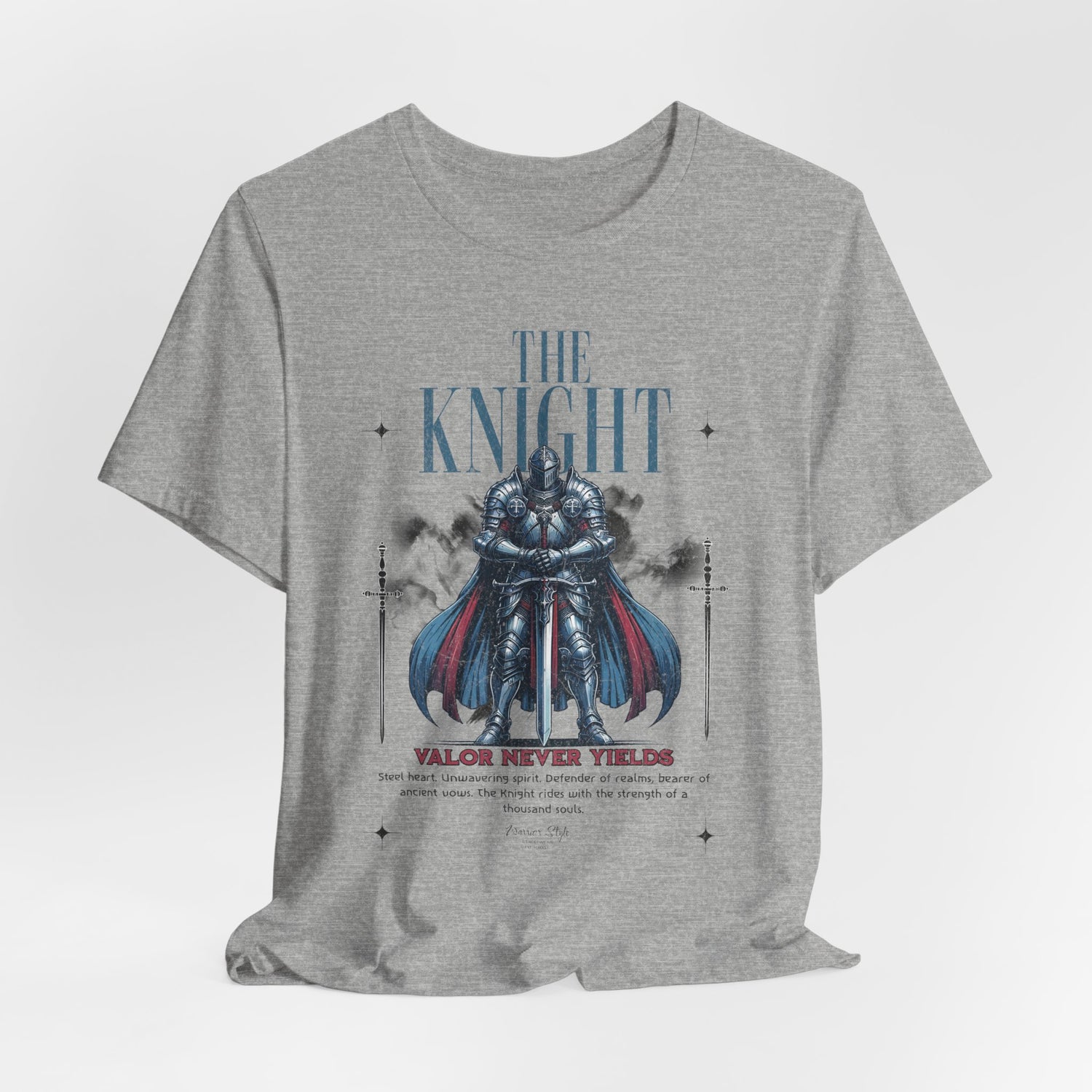 The KNIGHT t-shirt in Athletic Heather — tempered like steel, worn but unyielding.