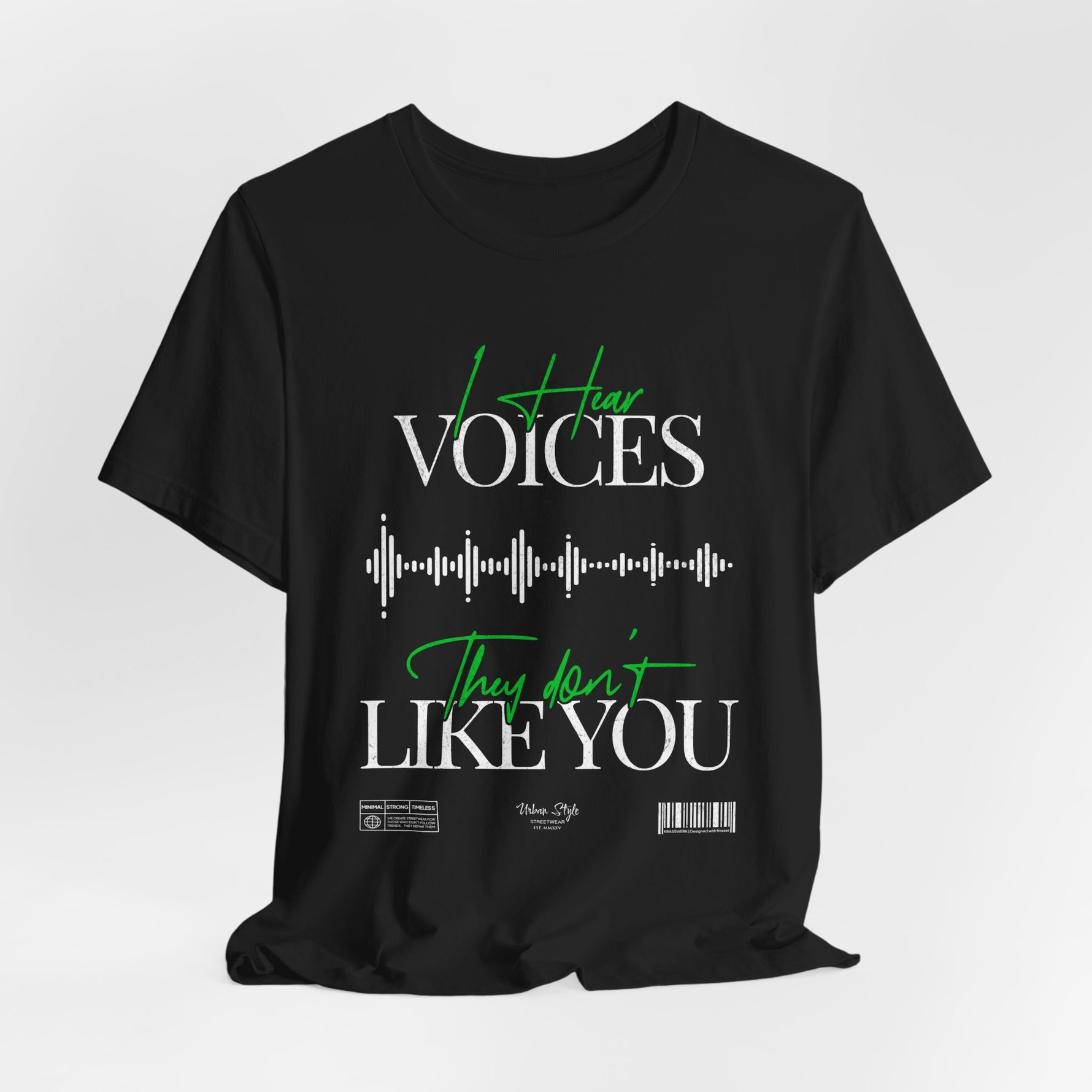 The VOICES t-shirt in Black — the default state of unrest, pure and uninterrupted.
