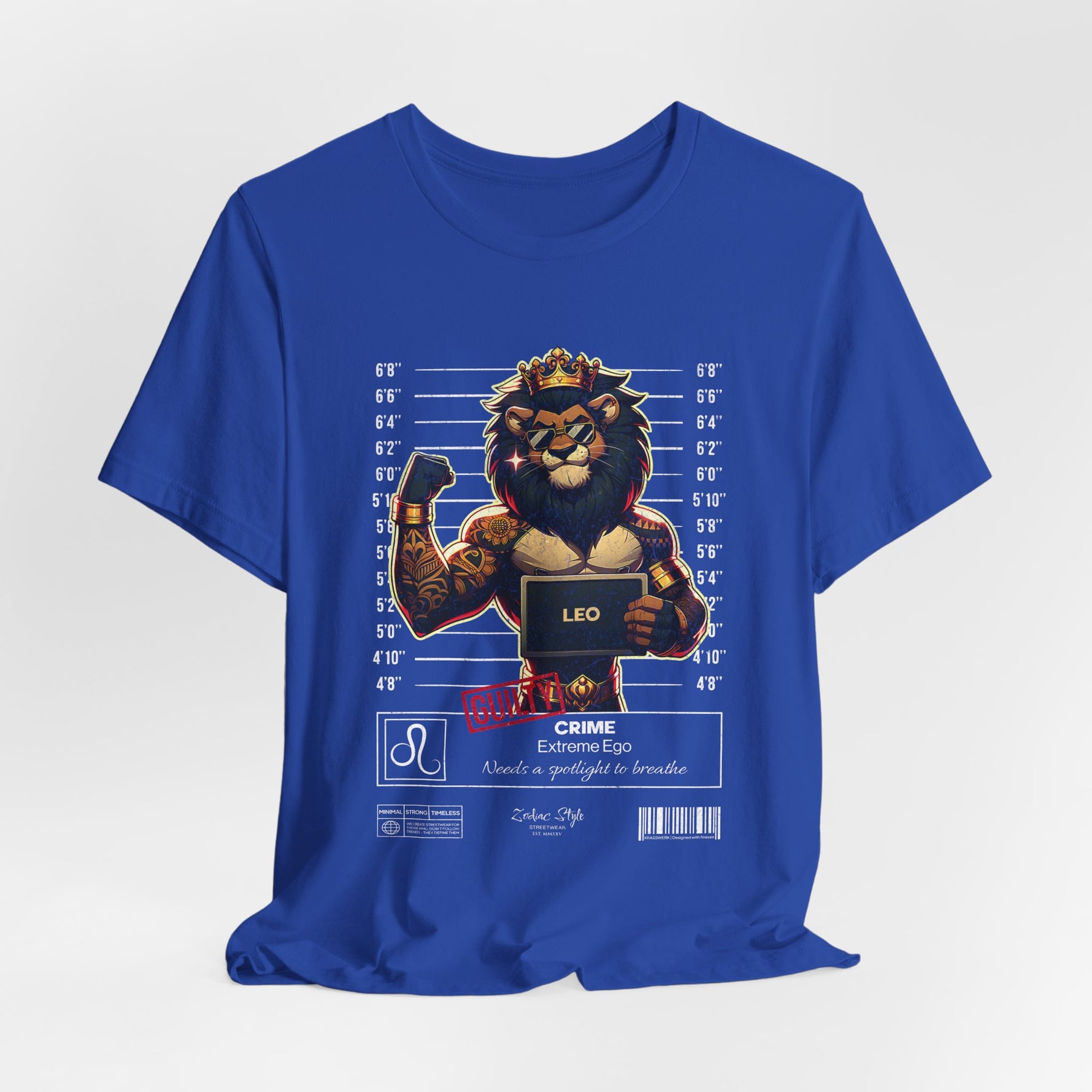 The LEO t-shirt in True Royal – 3D mockup of a bold blue shirt, lion artwork vividly displayed. NO BACKGROUND, NO MODEL.