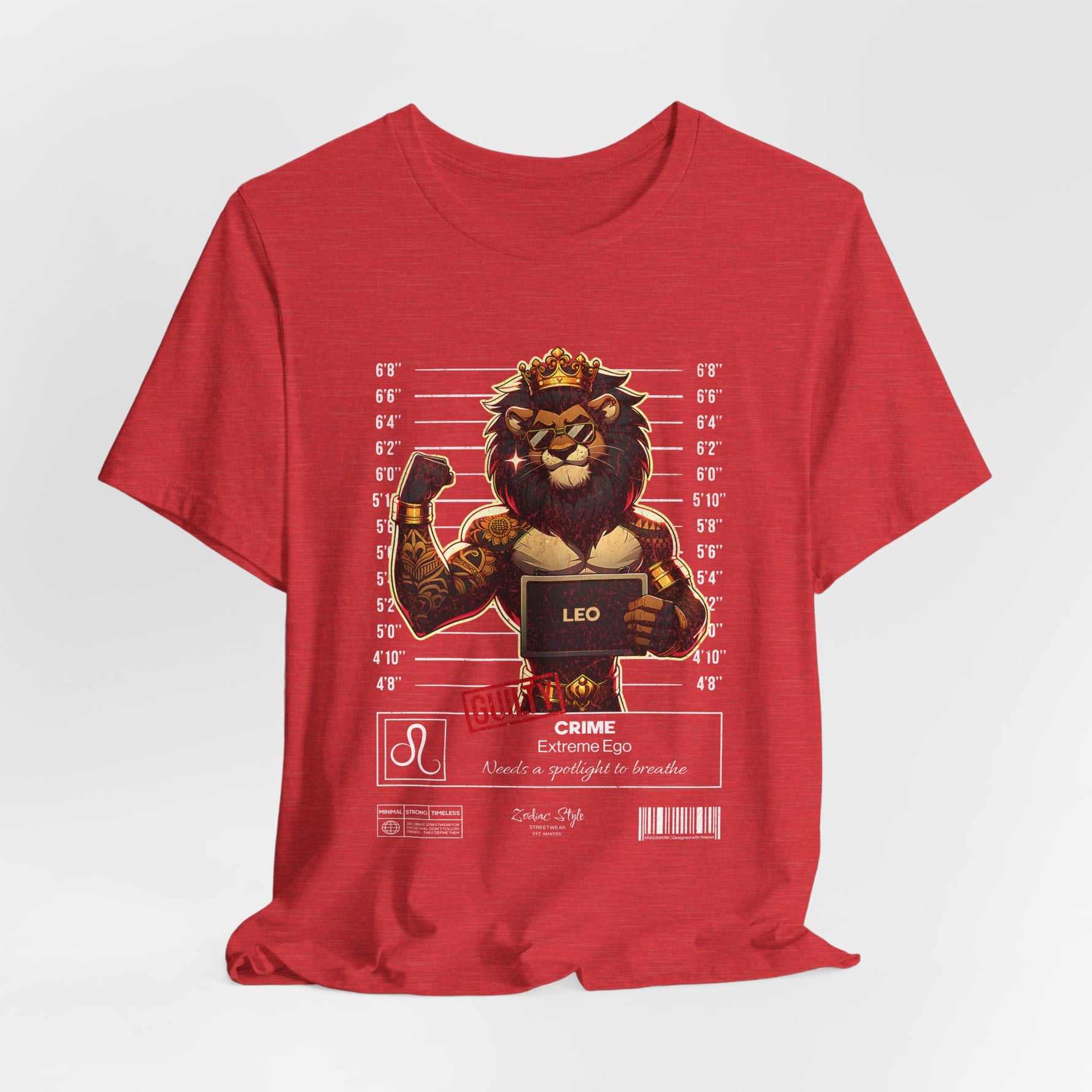 The LEO t-shirt in Red – 3D mockup of a classic red shirt with high contrast against the lion design. NO BACKGROUND, NO MODEL.